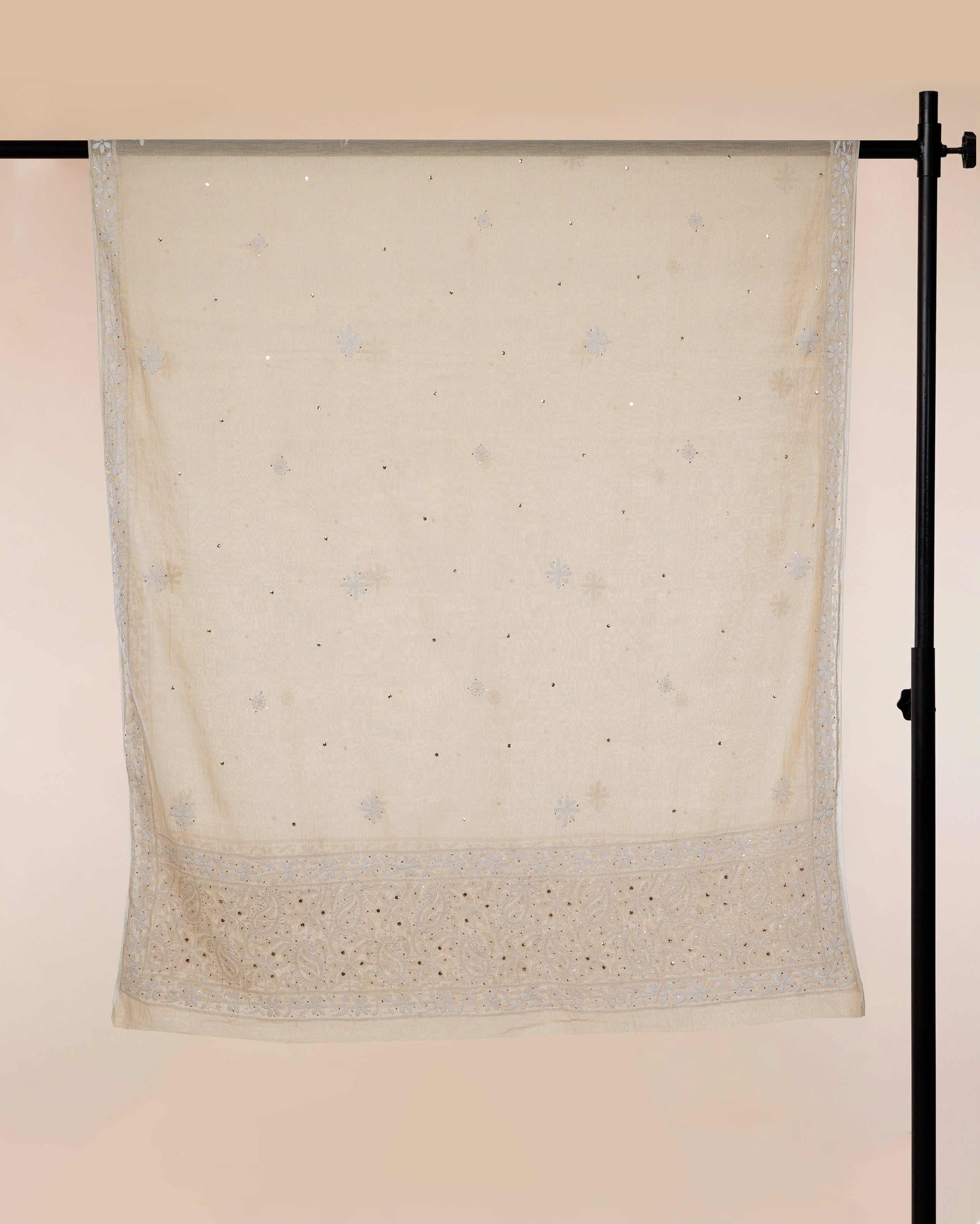 Beige Handcrafted Dyeable Chikankari Embroidered Tissue Chanderi Dupatta