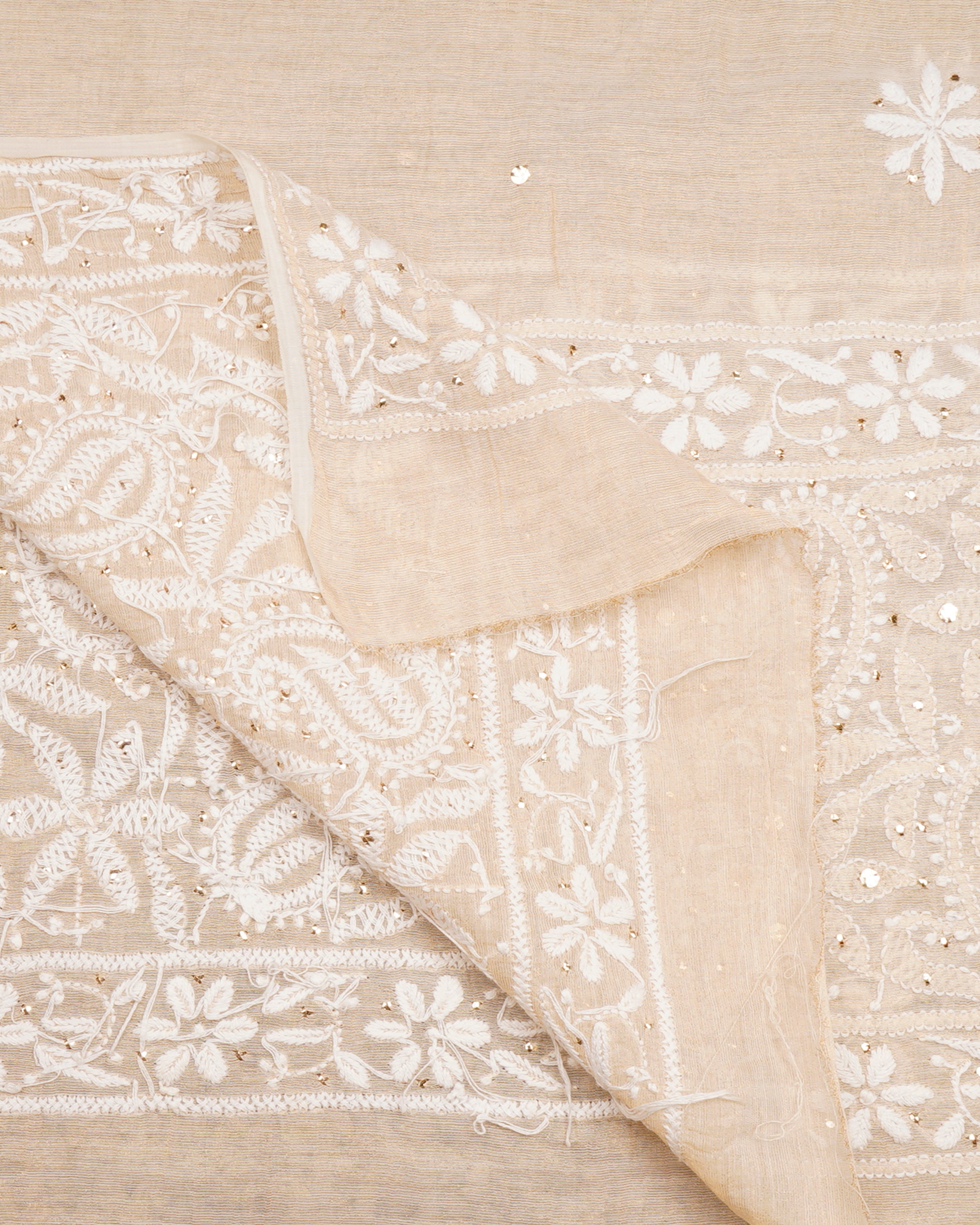 Beige Handcrafted Dyeable Chikankari Embroidered Tissue Chanderi Dupatta