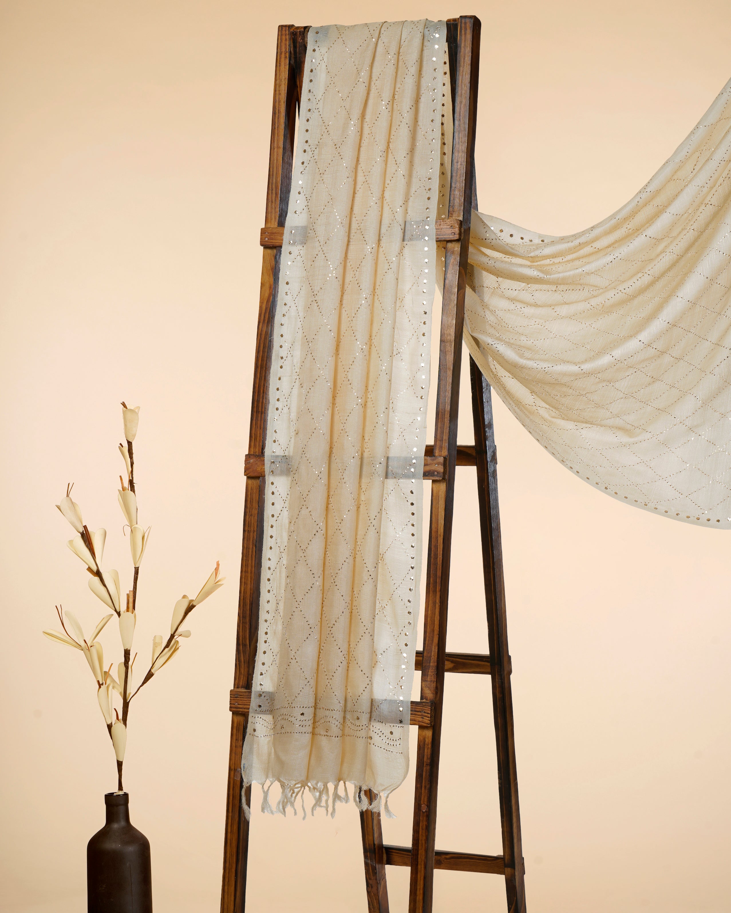 Beige Handcrafted Mukaish Work Tusser Silk Dupatta with Tassel