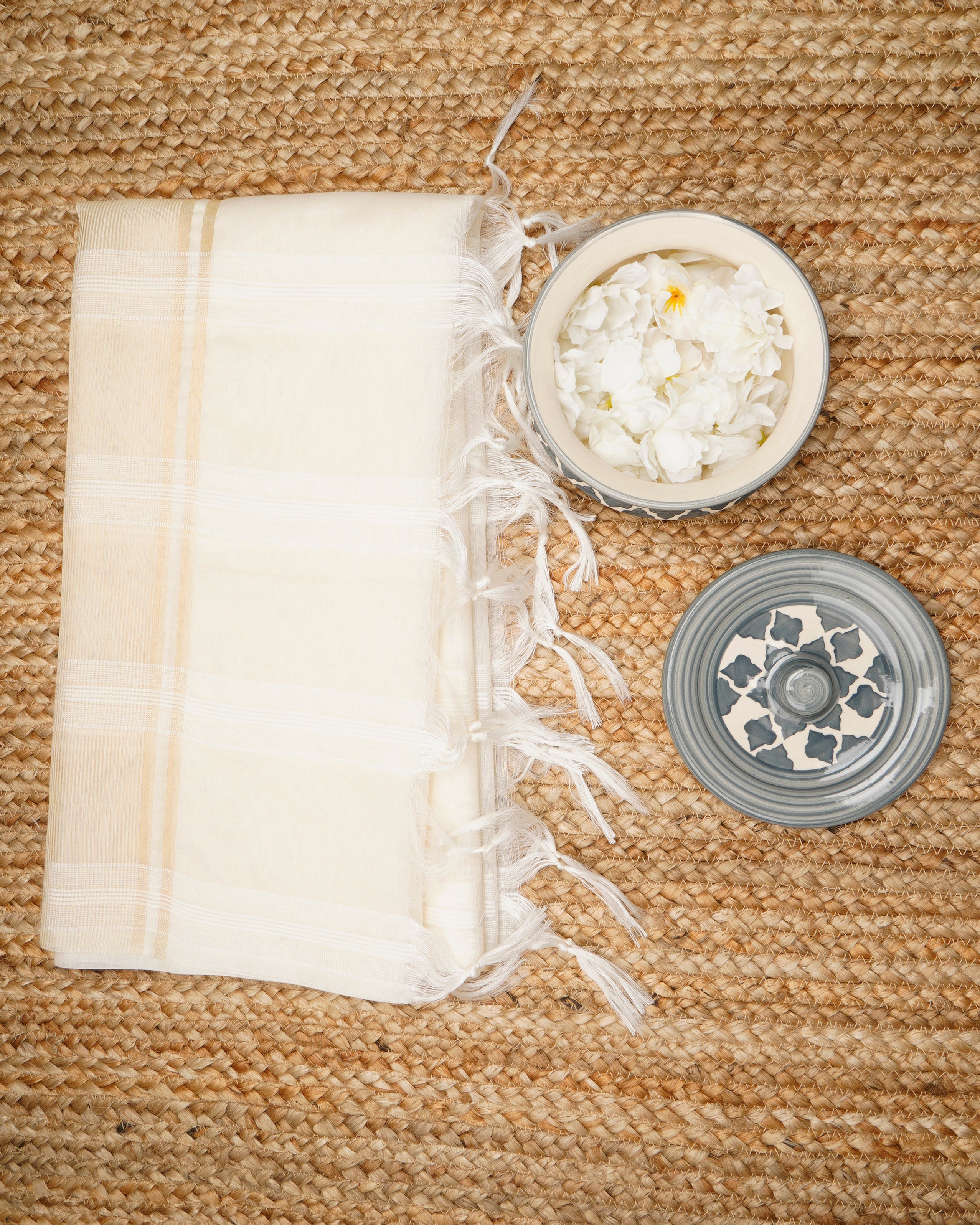 White-Gold Check Pattern Fancy Cotton Dupatta With Tassel