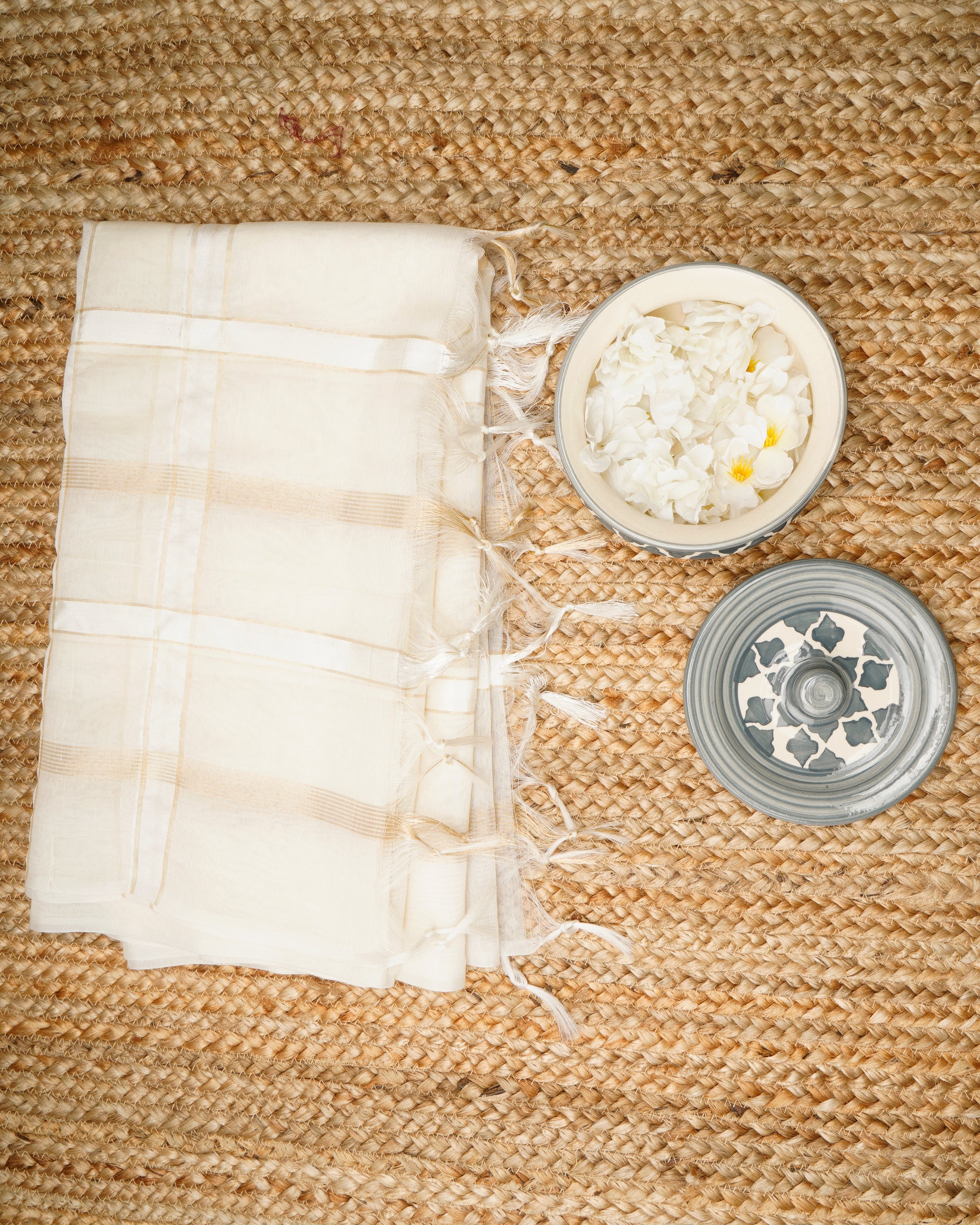 White-Gold Check Pattern Fancy Cotton Dupatta With Tassel
