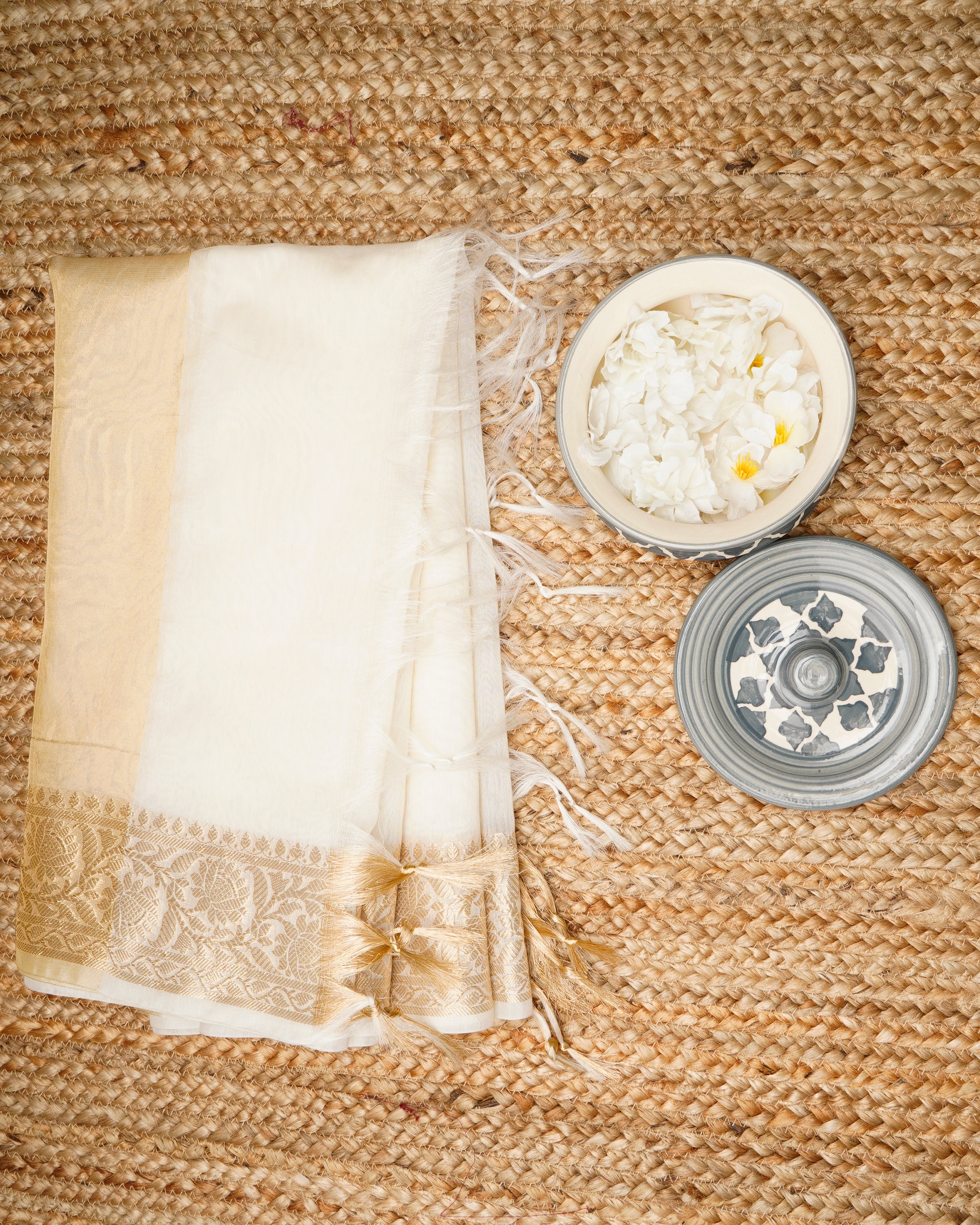 White-Gold Plain Fancy Cotton Dupatta With Border&Tassel