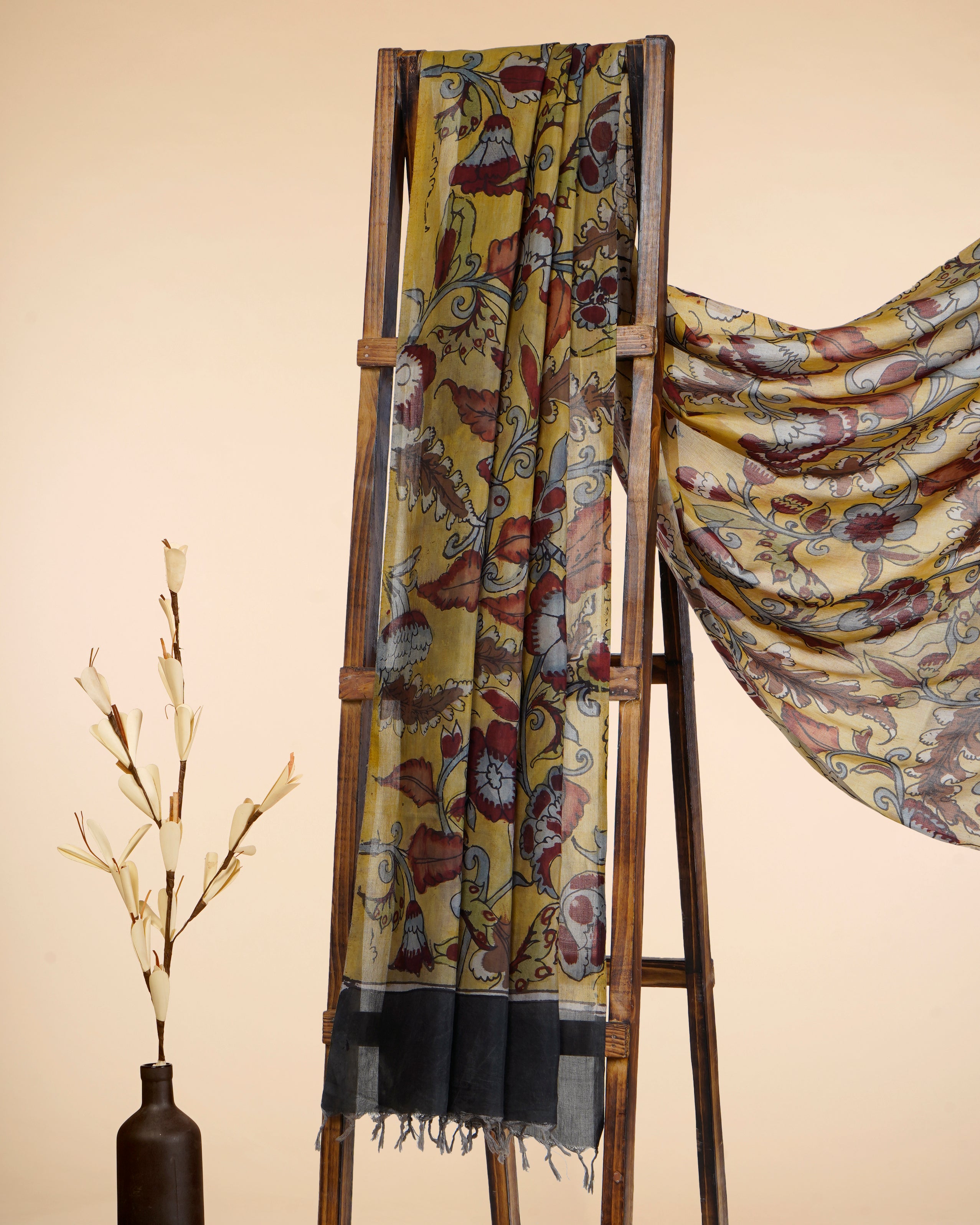 Multi Color Natural Dye Handcrafted Pen Kalamkari Silk-Cotton Dupatta