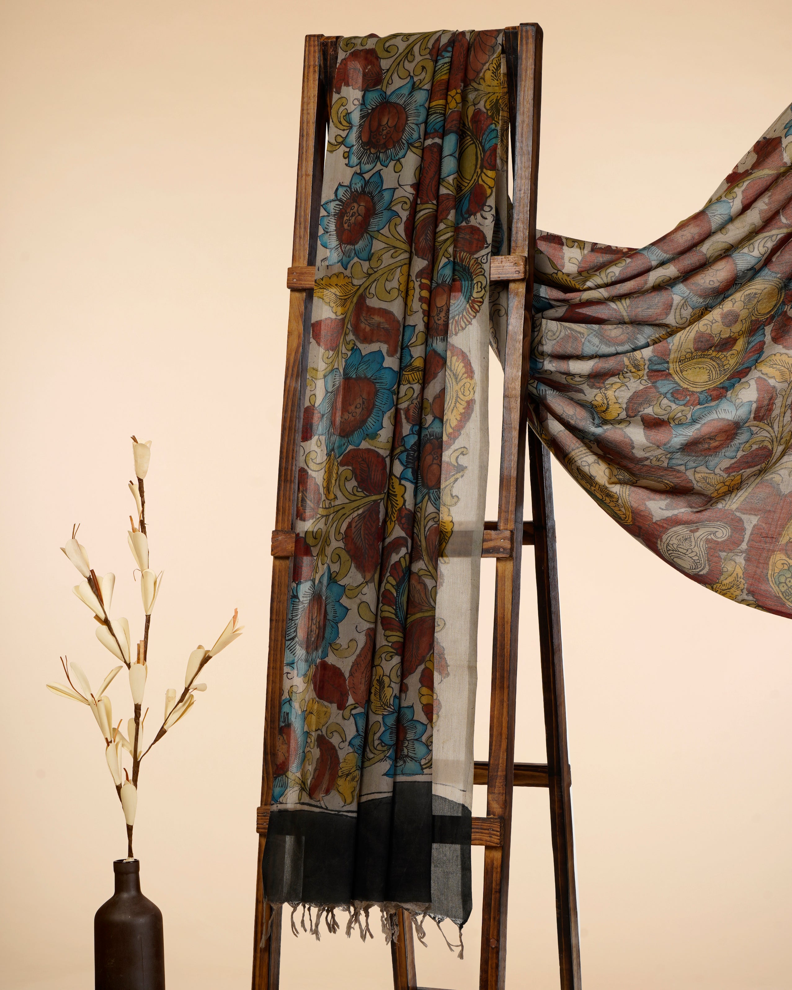 Multi Color Natural Dye Handcrafted Pen Kalamkari Silk-Cotton Dupatta