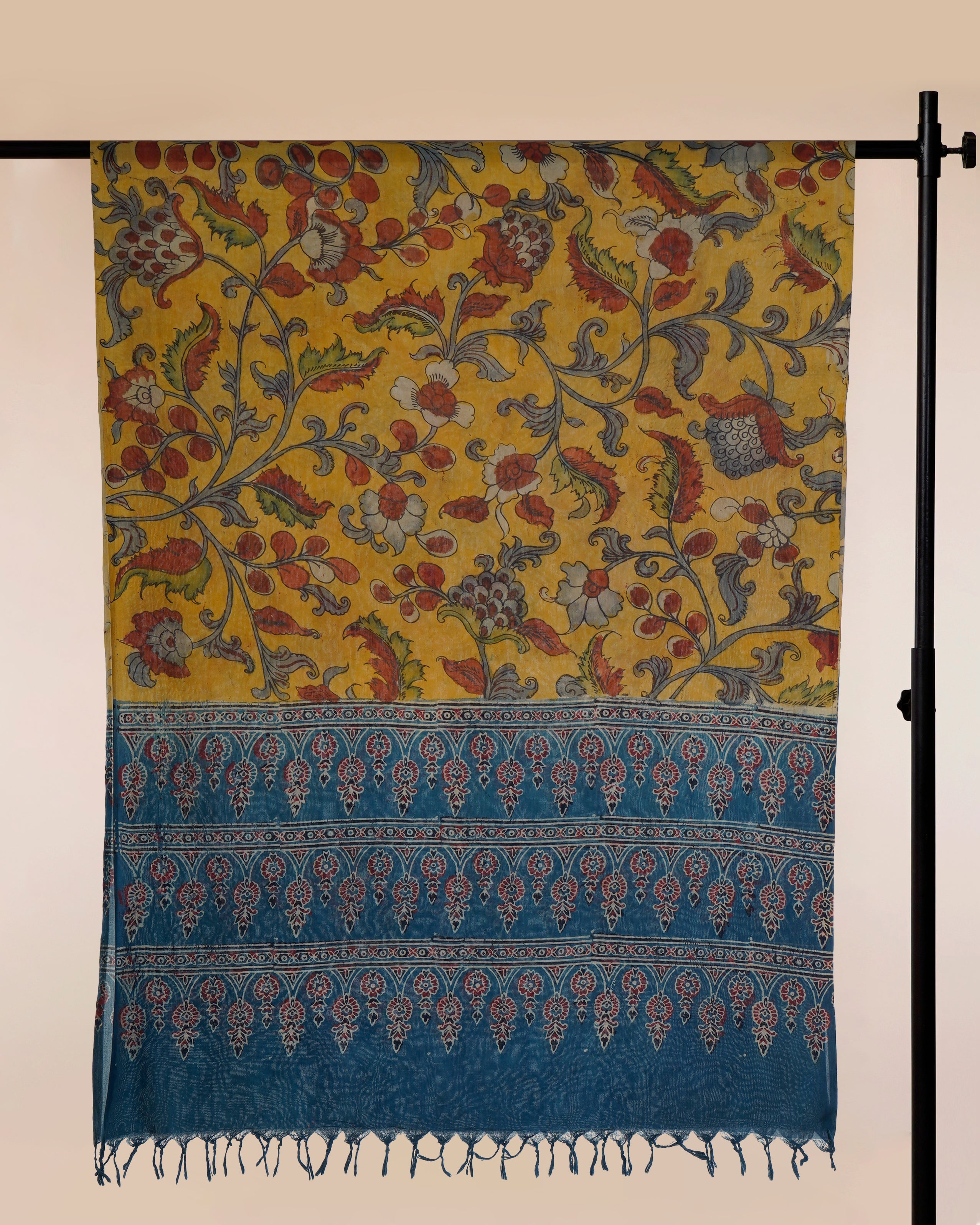 Multi Color Natural Dye Handcrafted Pen Kalamkari Silk-Cotton Dupatta