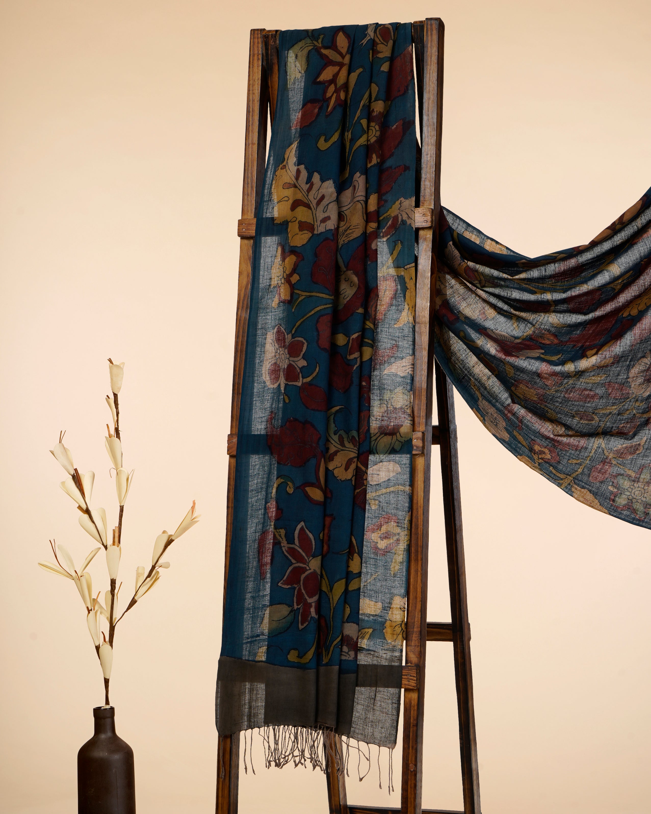 Multi Color Natural Dye Handcrafted Pen Kalamkari Silk-Cotton Dupatta