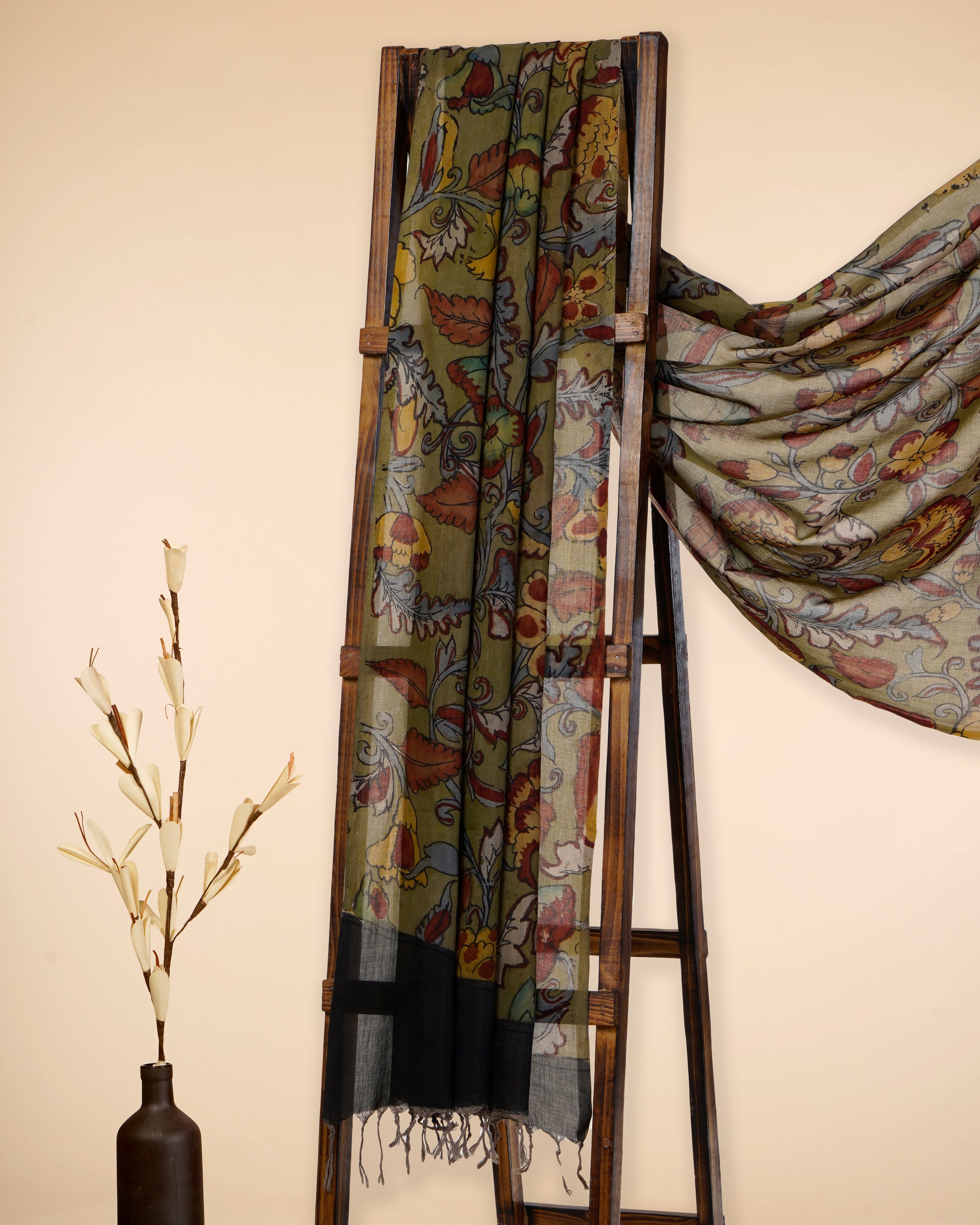 Multi Color Natural Dye Handcrafted Pen Kalamkari Silk-Cotton Dupatta