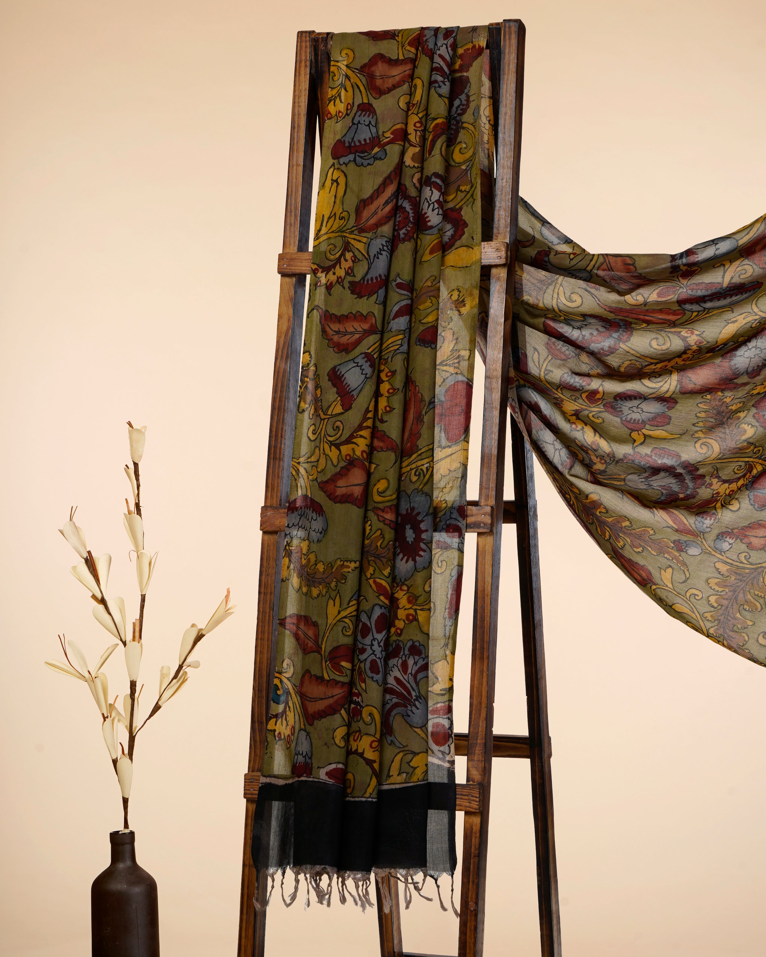 Multi Color Natural Dye Handcrafted Pen Kalamkari Silk-Cotton Dupatta