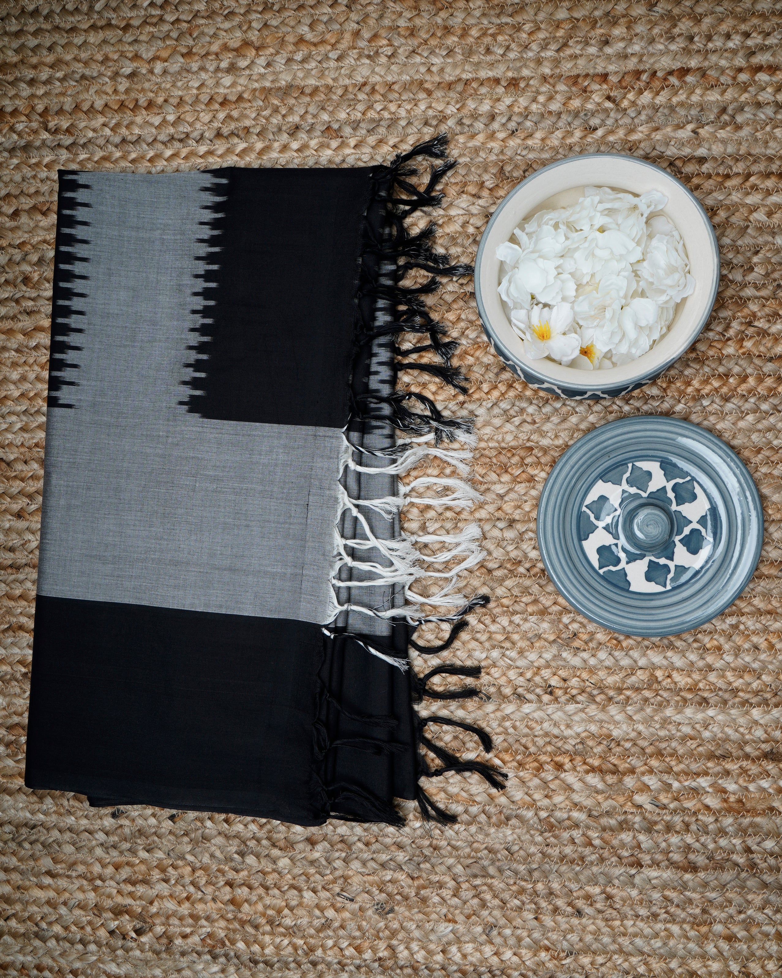 Black-Grey Handwoven Ikat Cotton Dupatta