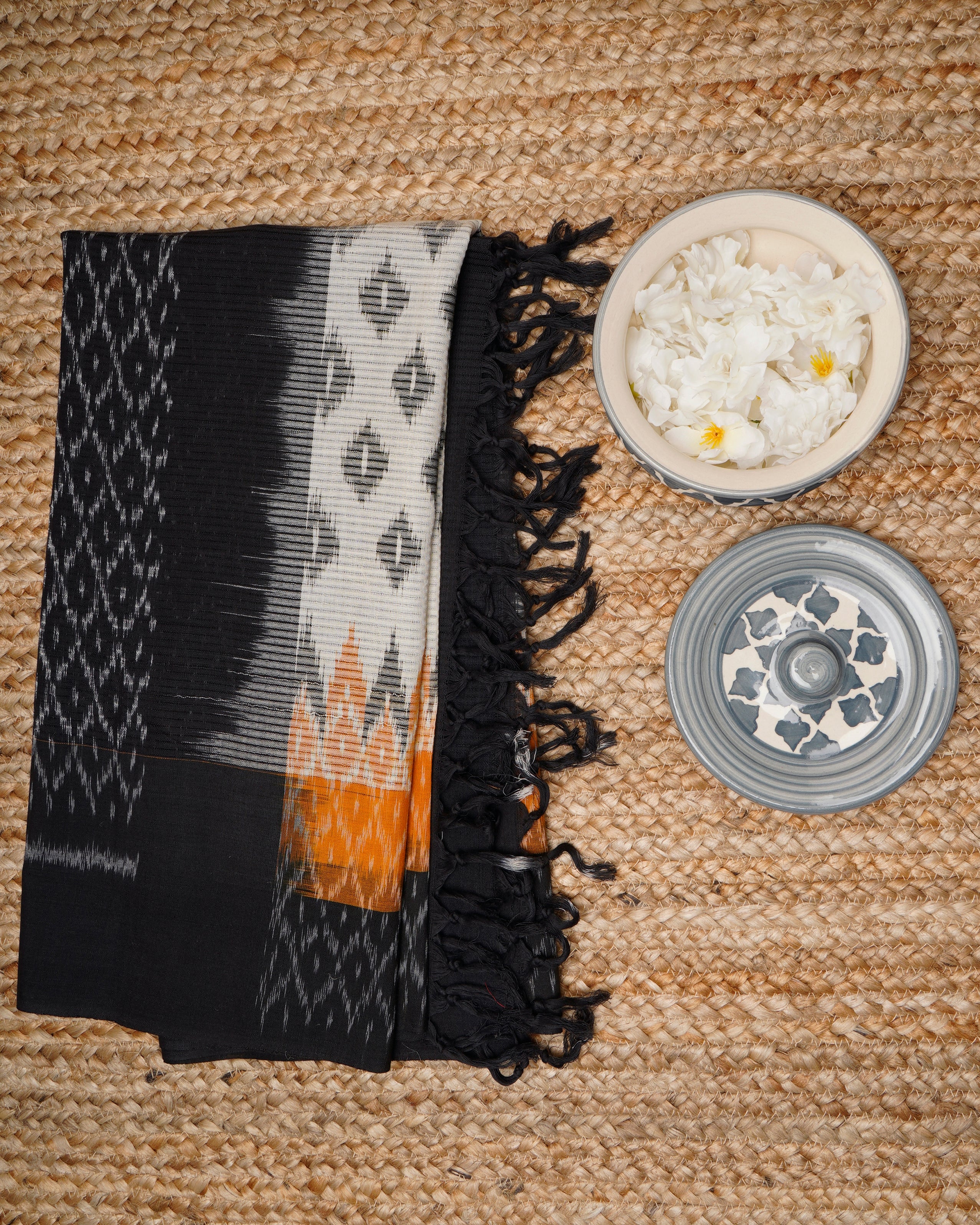 Black-Cream Handwoven Ikat Cotton Dupatta