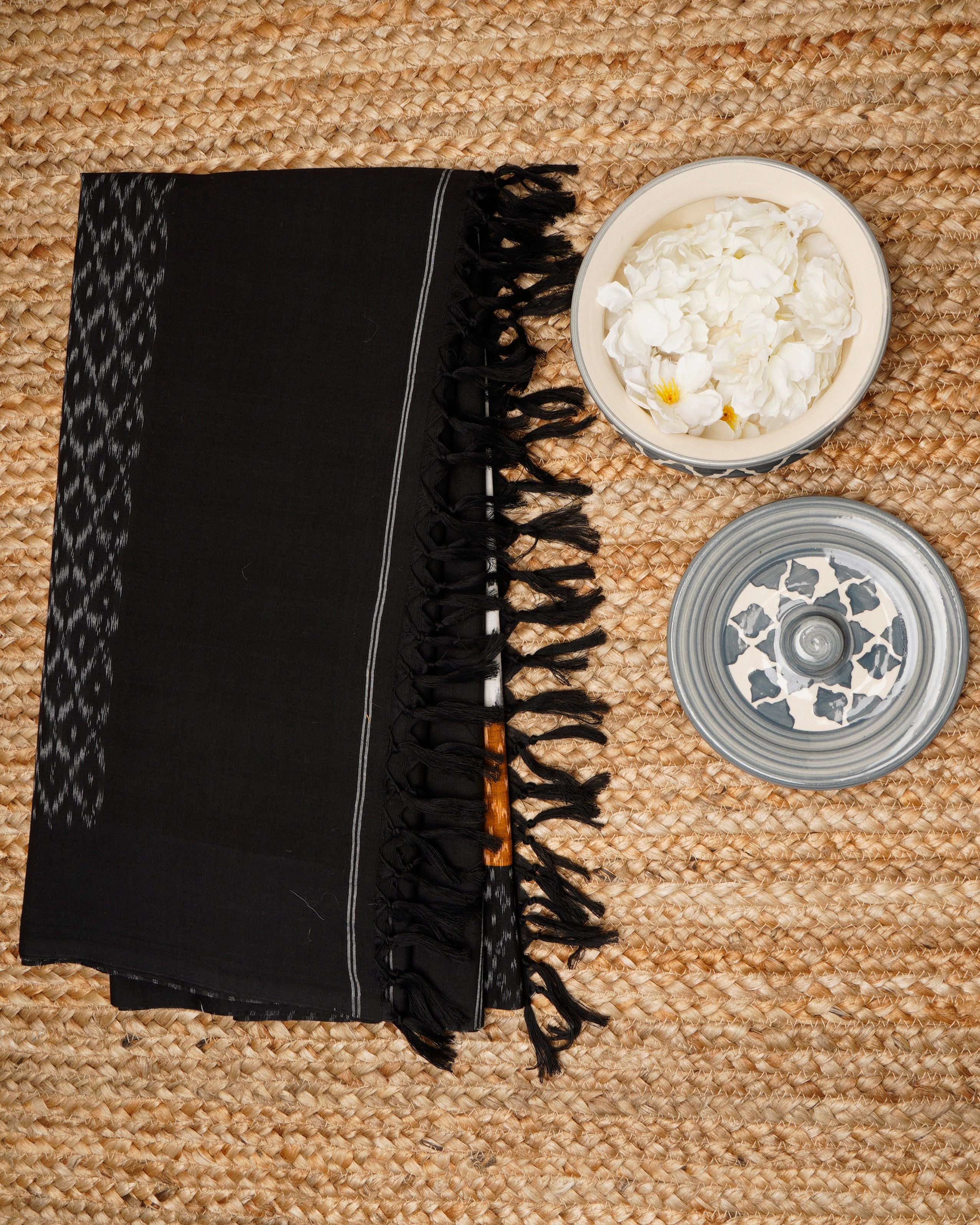 Black-Cream Handwoven Ikat Cotton Dupatta