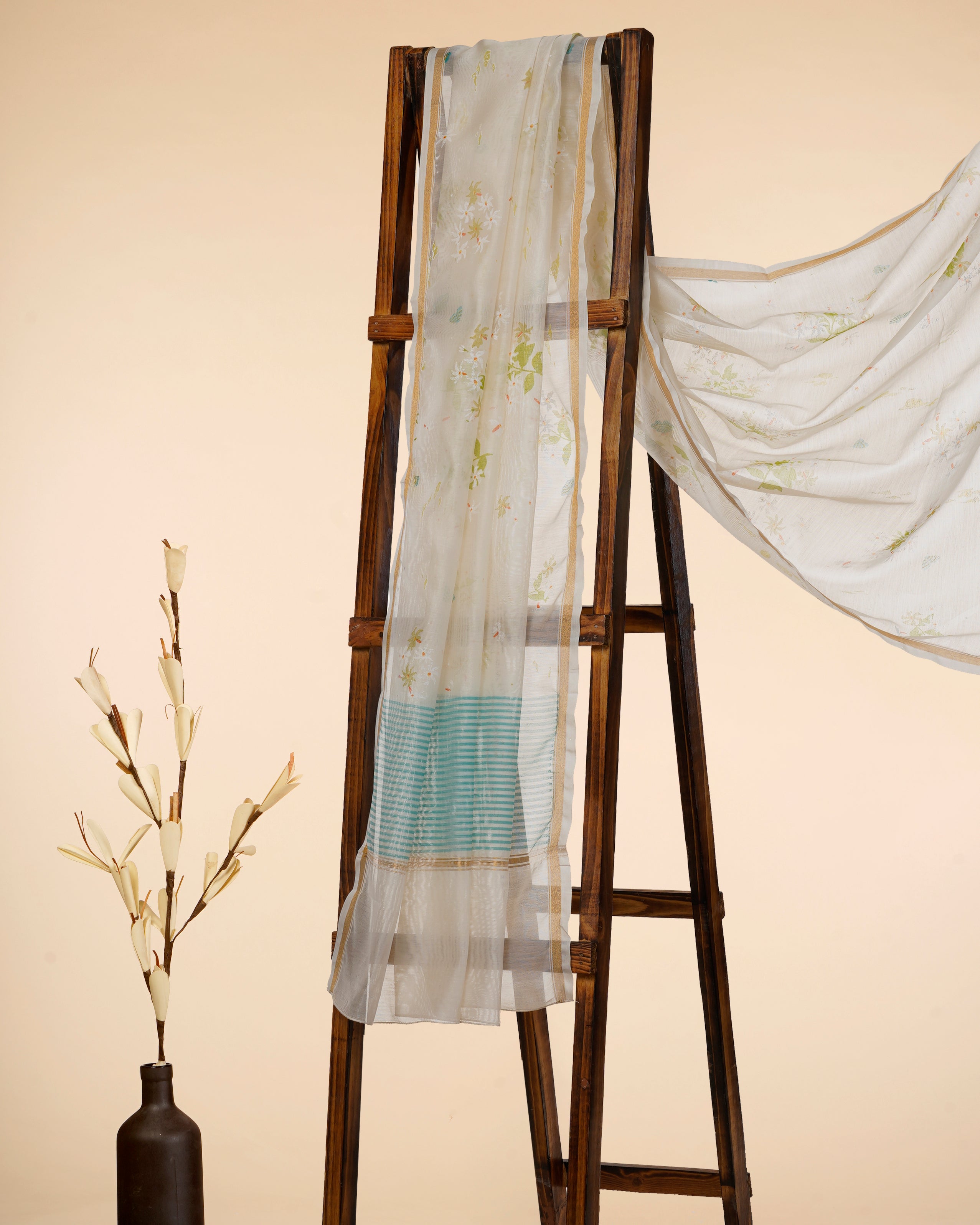 White-Blue All Over Pattern Hand Screen Printed Pure Chanderi Dupatta