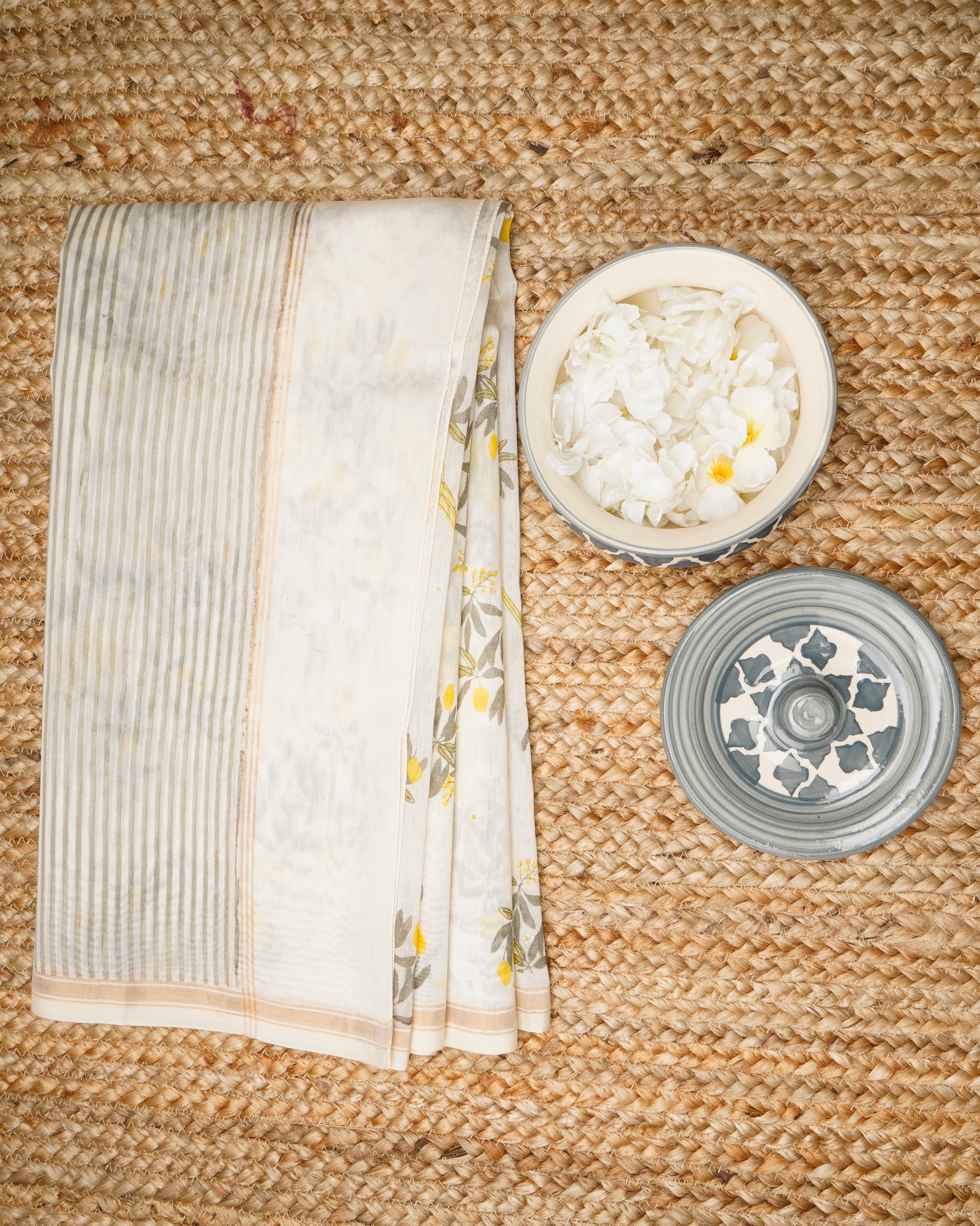 White-Yellow All Over Pattern Hand Screen Printed Pure Chanderi Dupatta