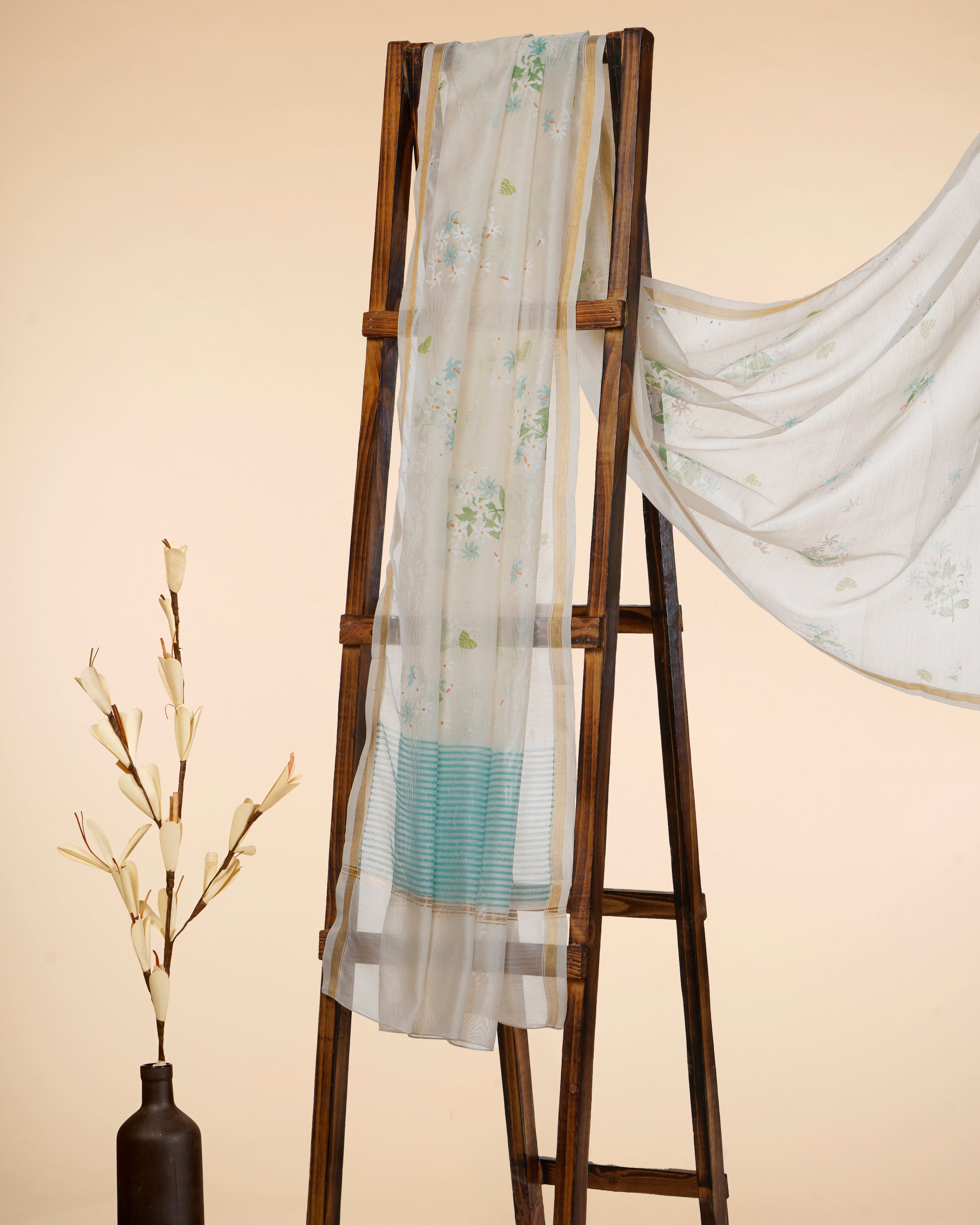 White-Blue All Over Pattern Hand Screen Printed Pure Chanderi Dupatta