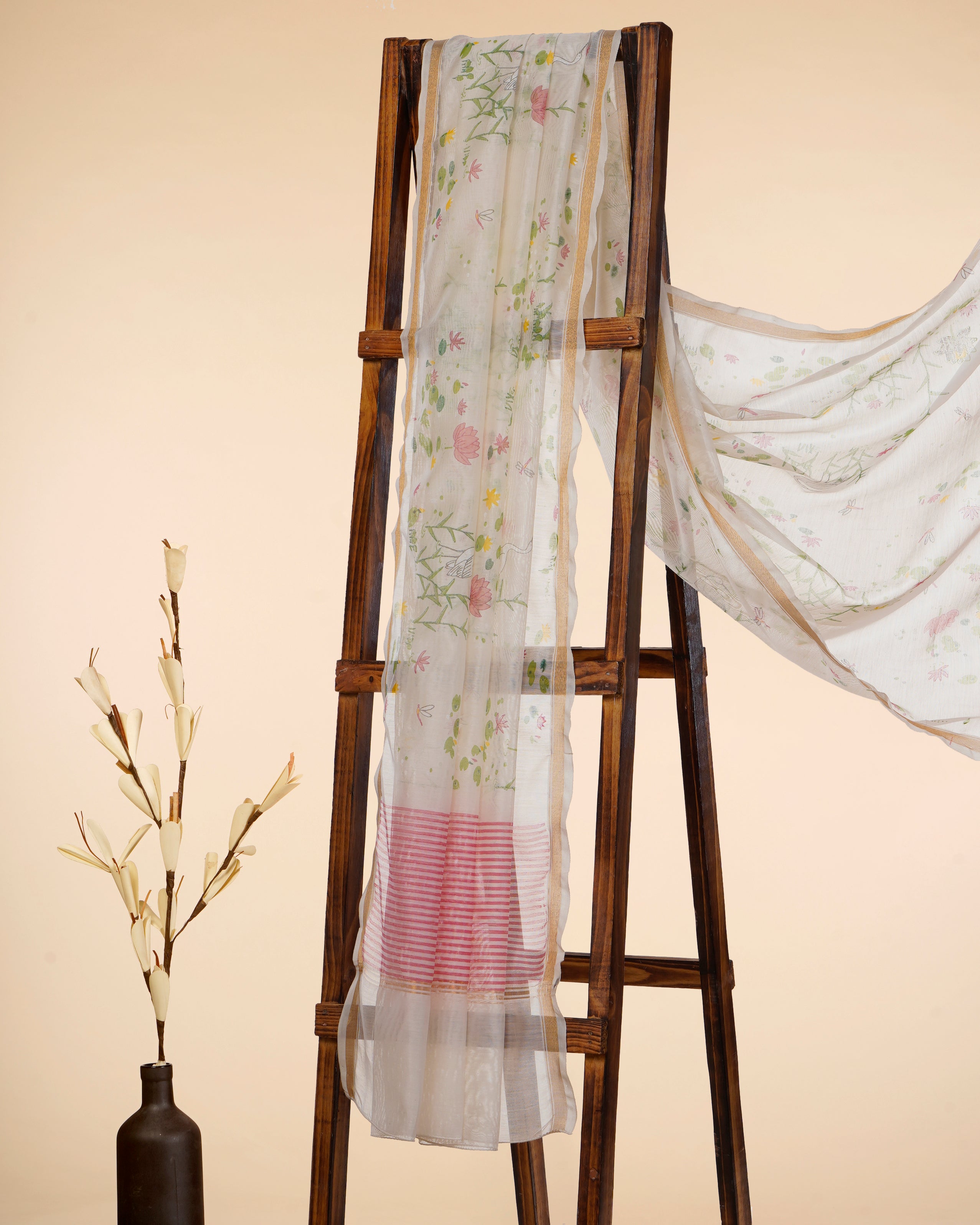 White-Pink All Over Pattern Hand Screen Printed Pure Chanderi Dupatta