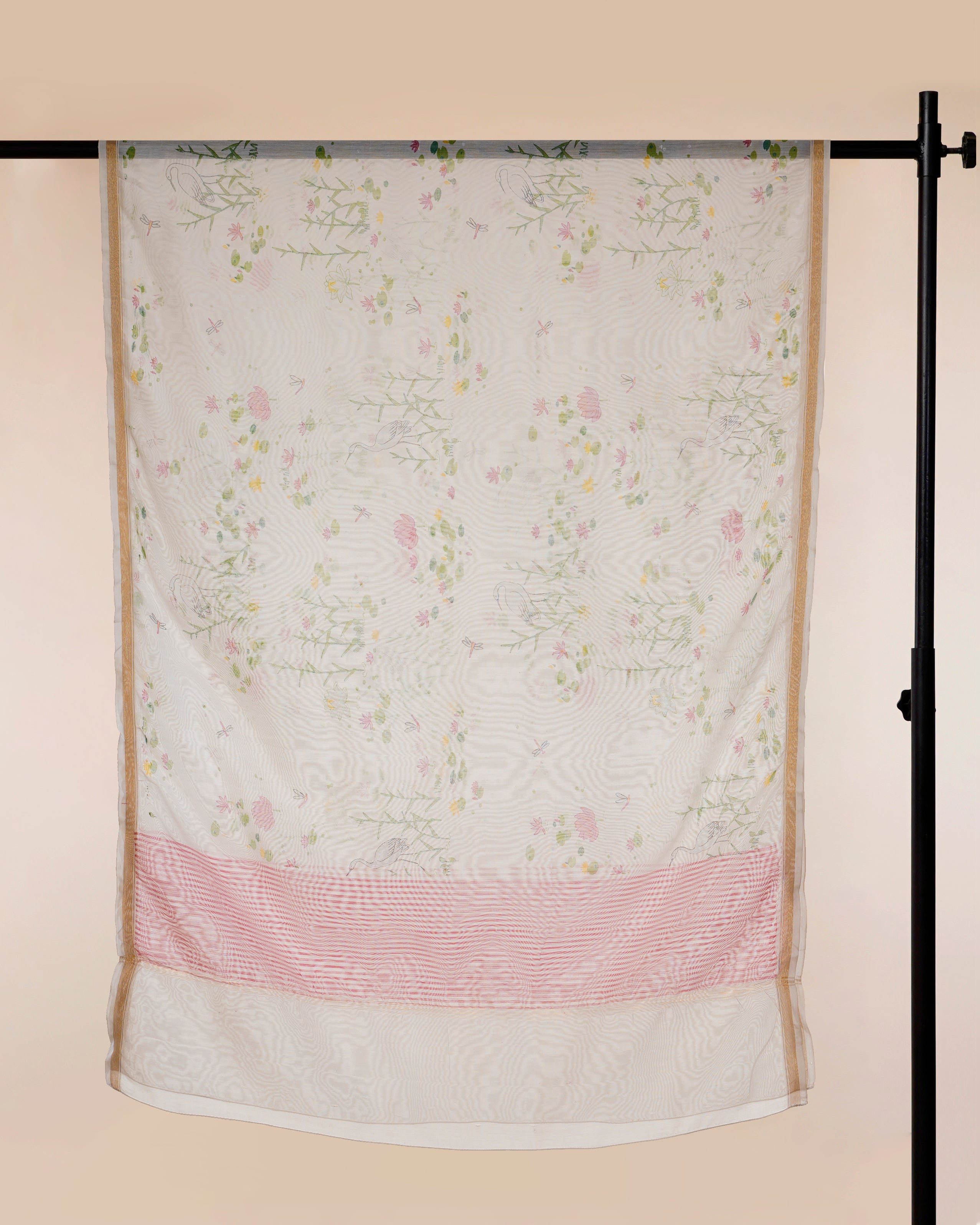 White-Pink All Over Pattern Hand Screen Printed Pure Chanderi Dupatta