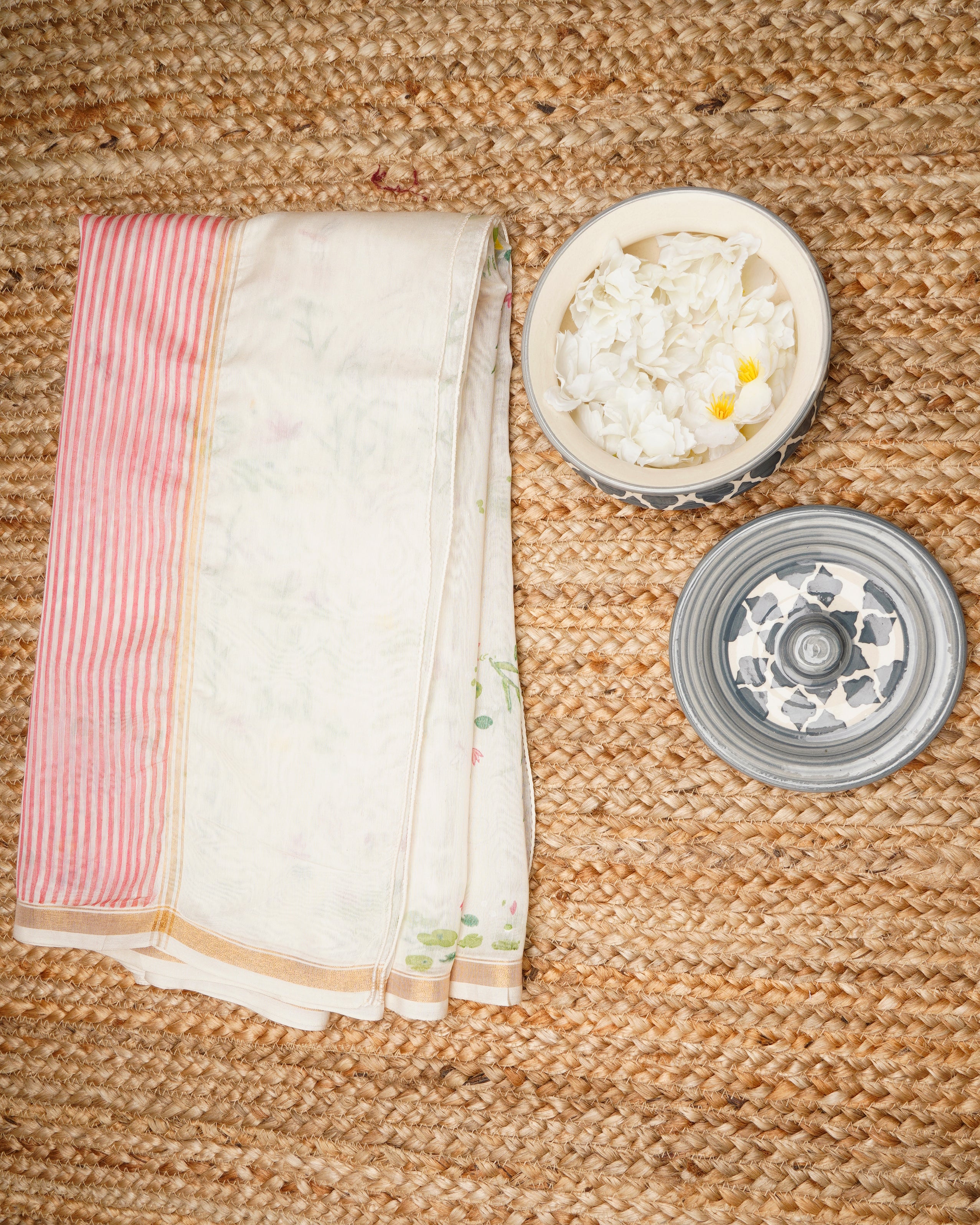 White-Pink All Over Pattern Hand Screen Printed Pure Chanderi Dupatta