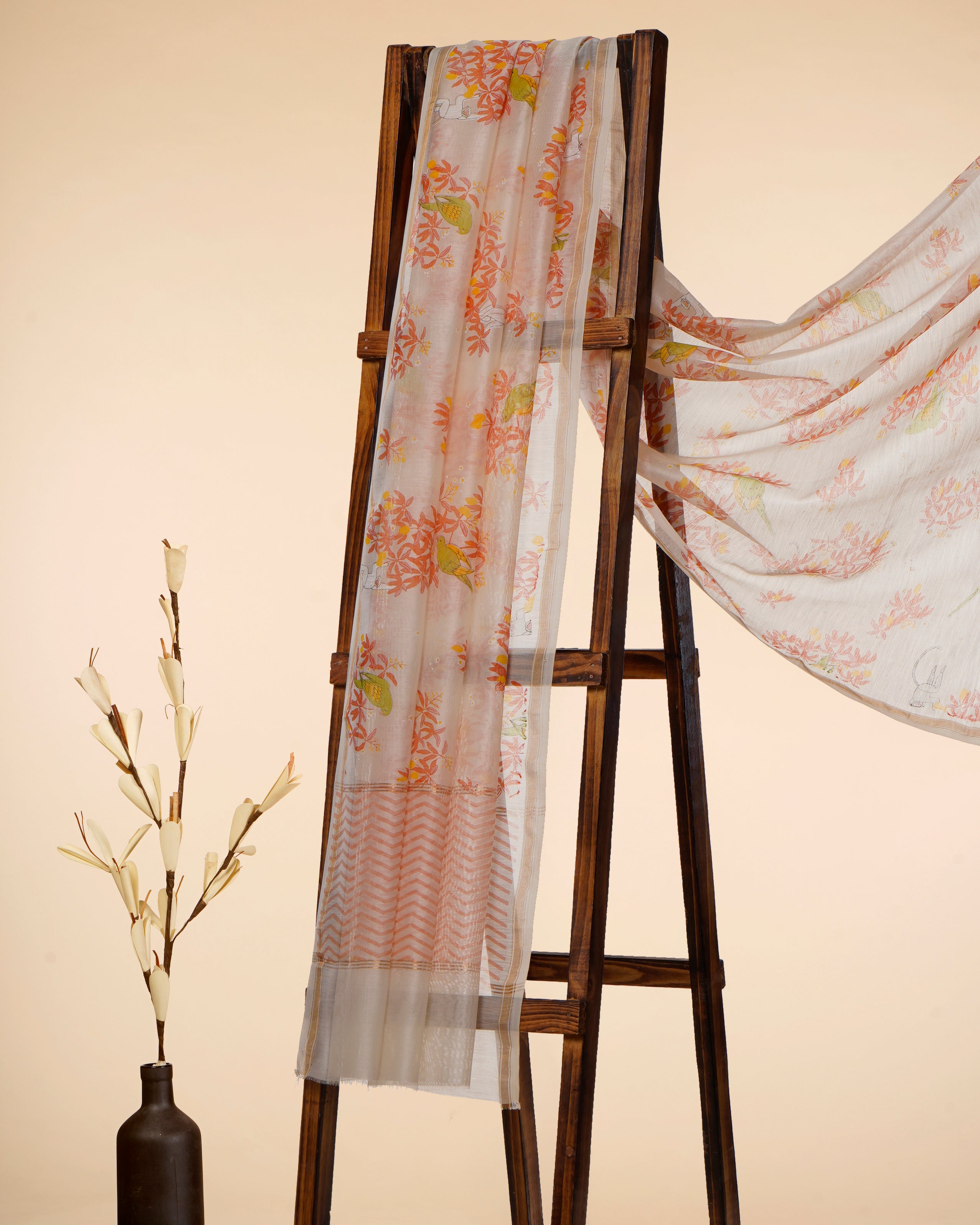 White-Orange All Over Pattern Hand Screen Printed Pure Chanderi Dupatta