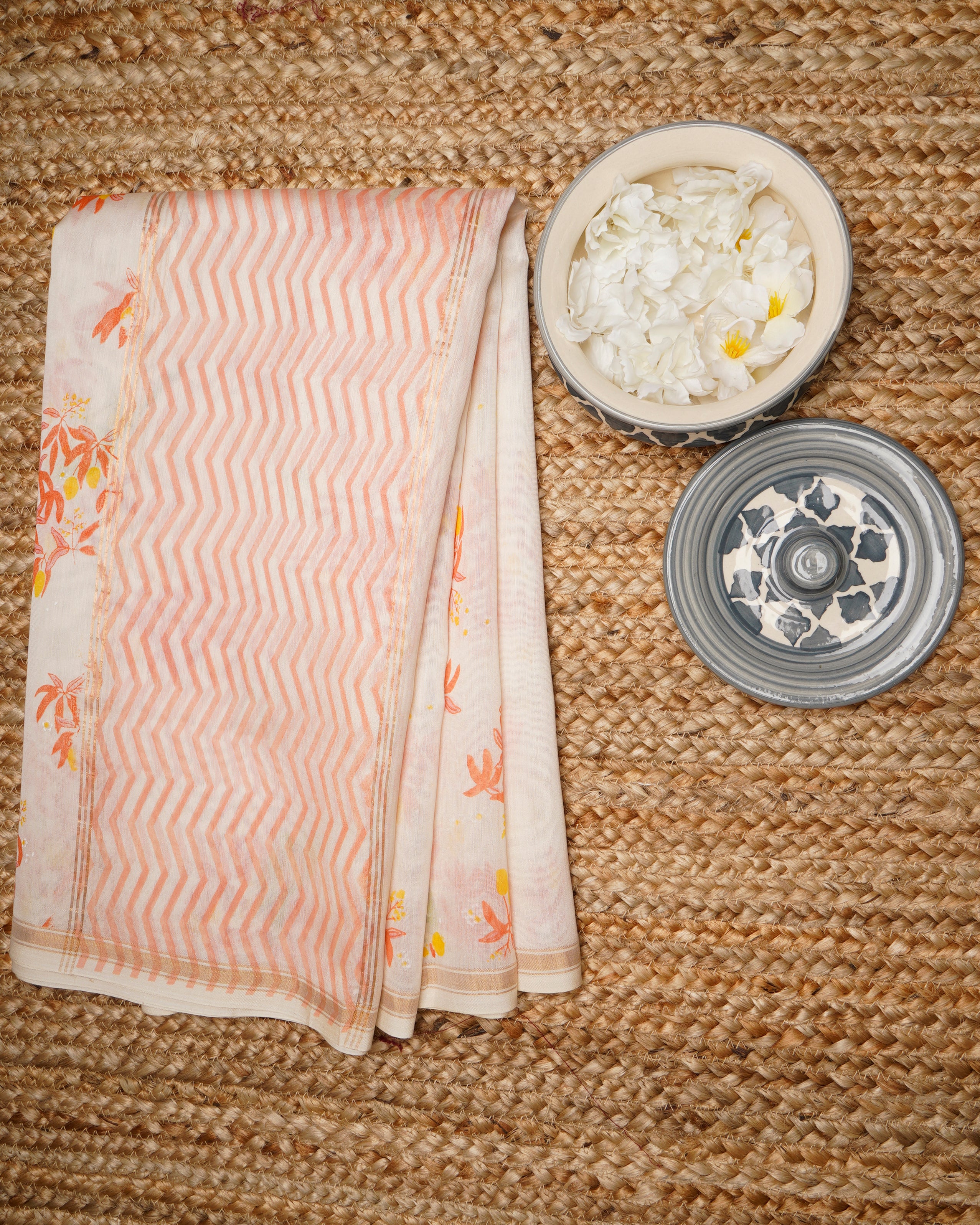 White-Orange All Over Pattern Hand Screen Printed Pure Chanderi Dupatta