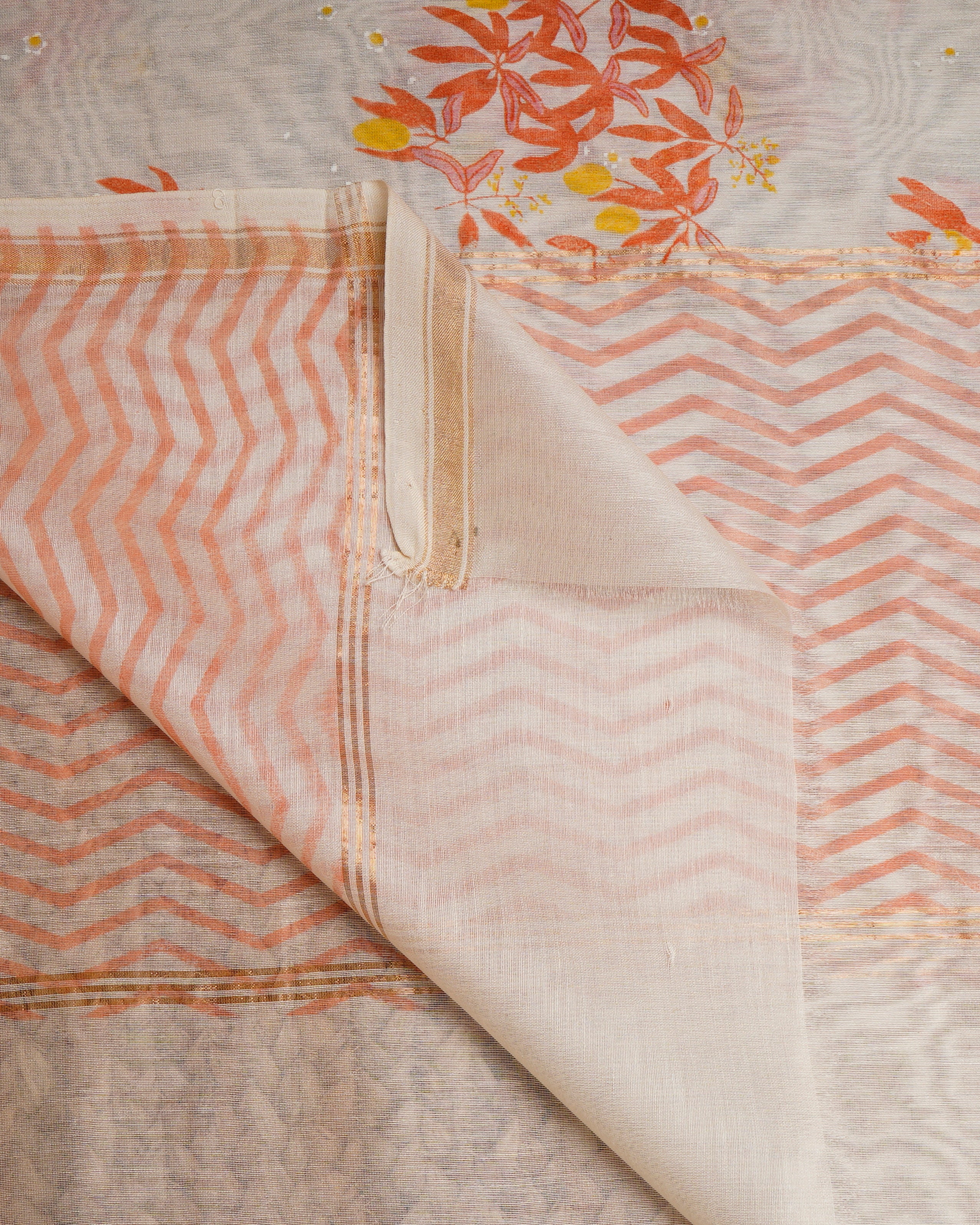 White-Orange All Over Pattern Hand Screen Printed Pure Chanderi Dupatta