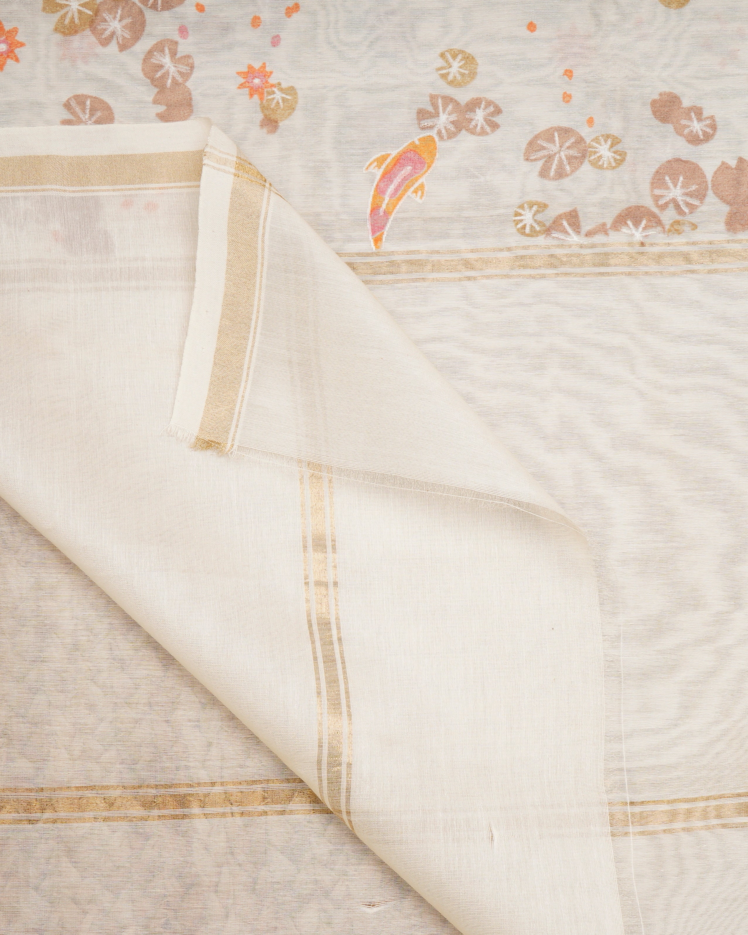 White- Musterd All Over Pattern Hand Screen Printed Pure Chanderi Dupatta