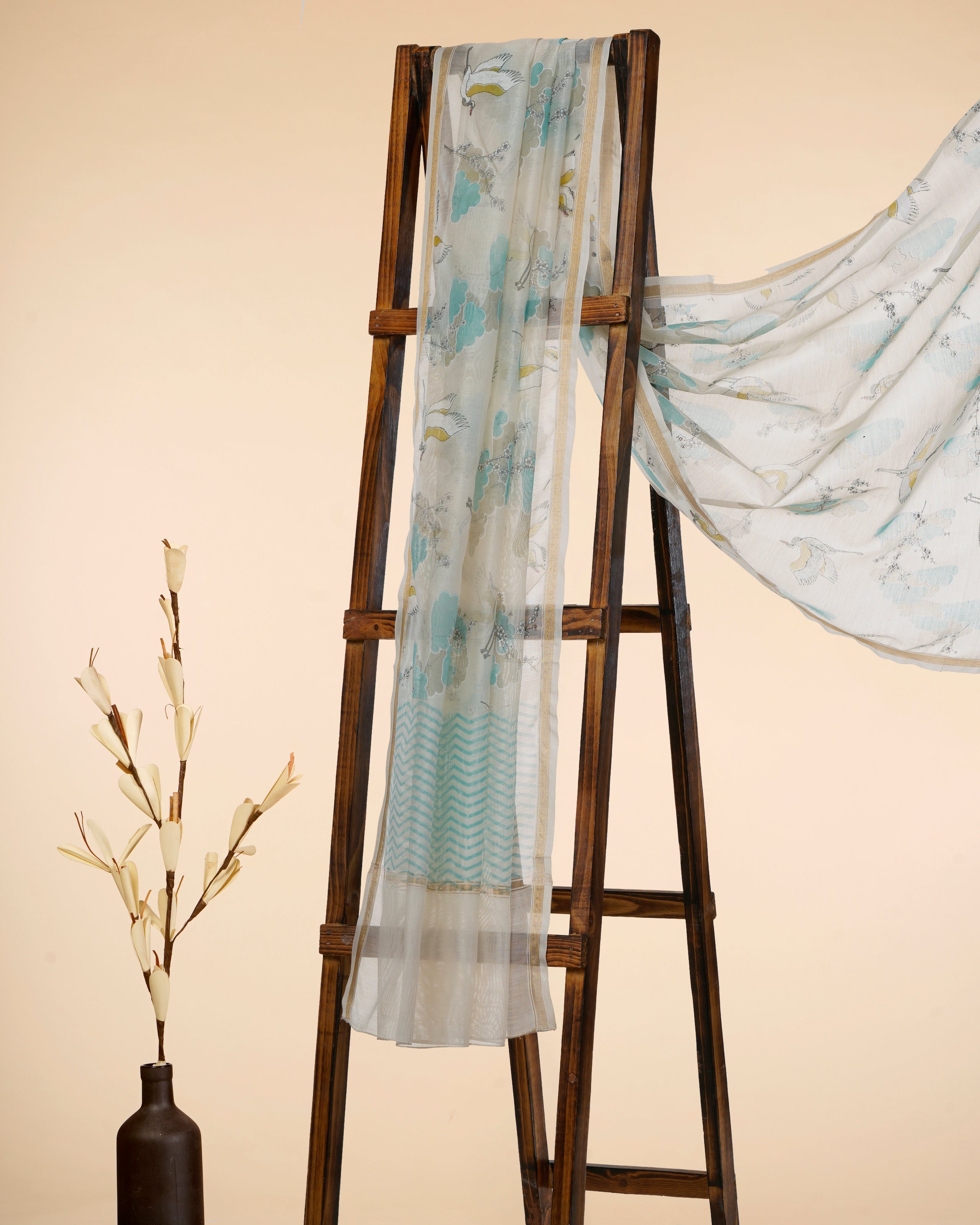 White-Ice Blue All Over Pattern Hand Screen Printed Pure Chanderi Dupatta