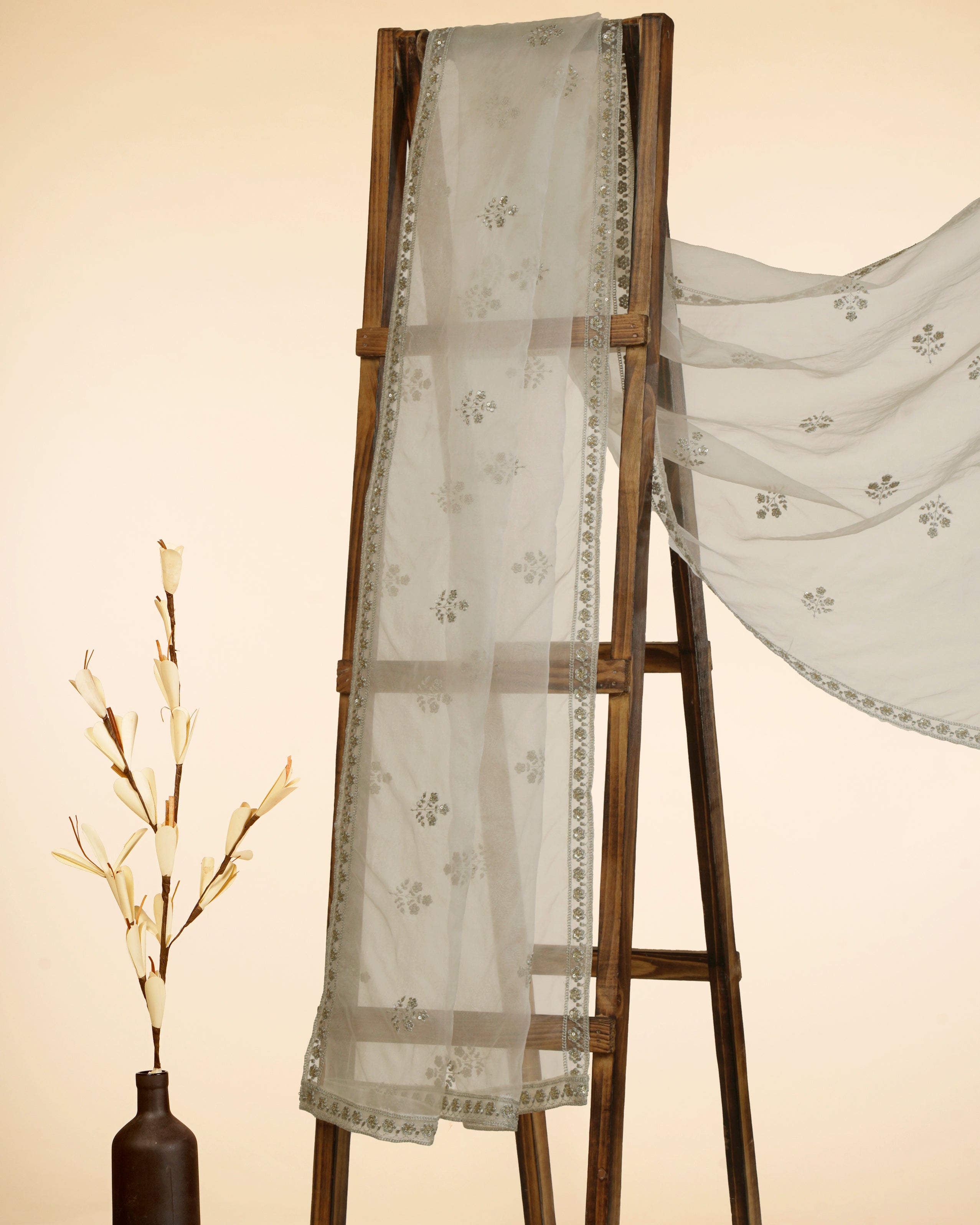 White Dyeable Zari & Sequins Embroidered Pure Organza Silk Dupatta