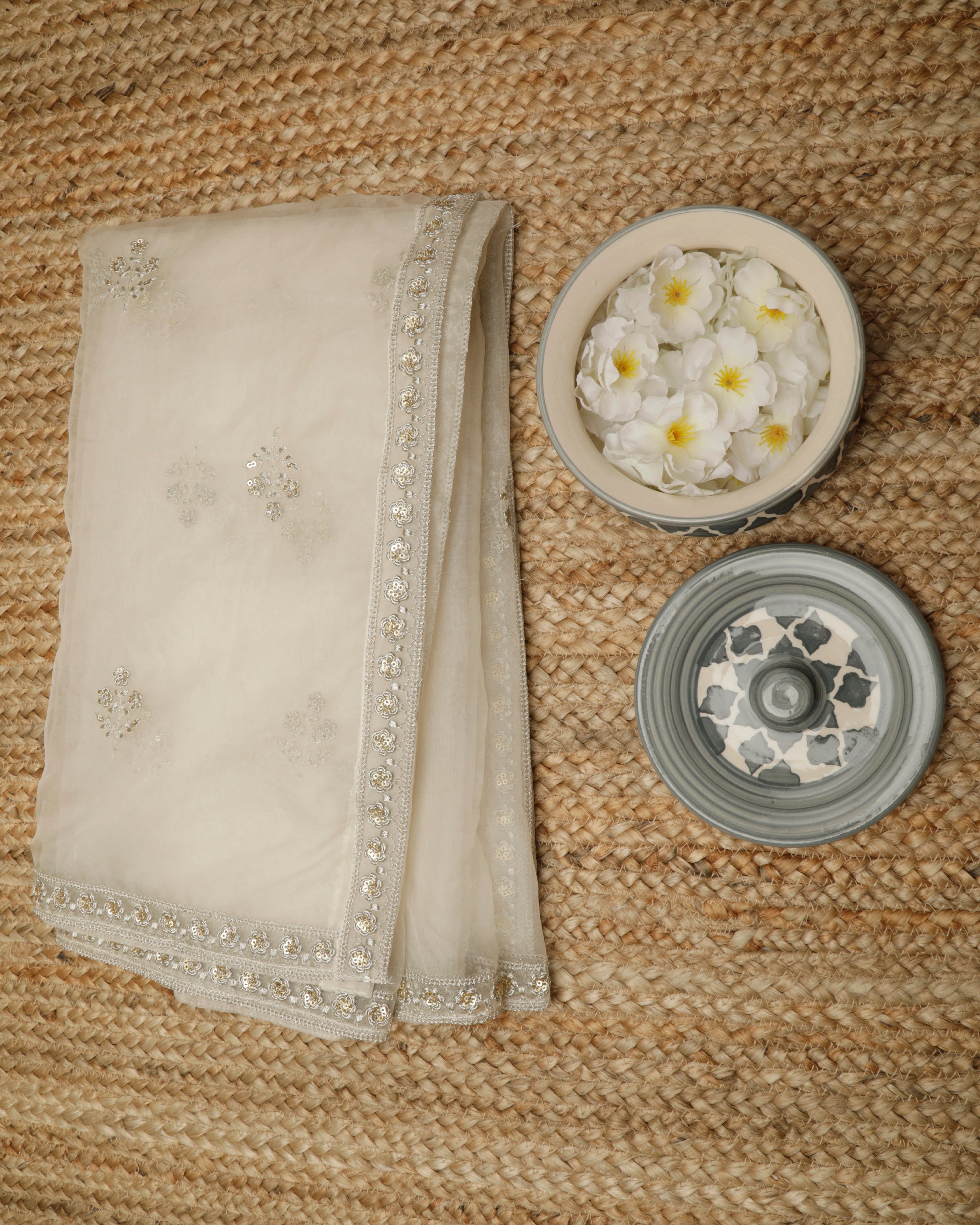 White Dyeable Zari & Sequins Embroidered Pure Organza Silk Dupatta