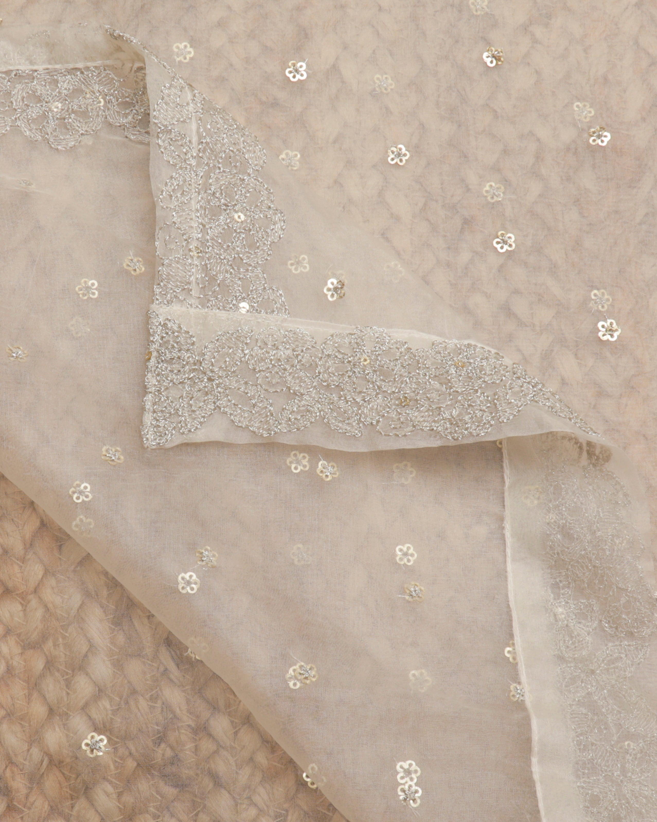 White Dyeable Zari & Sequins Embroidered Pure Organza Silk Dupatta