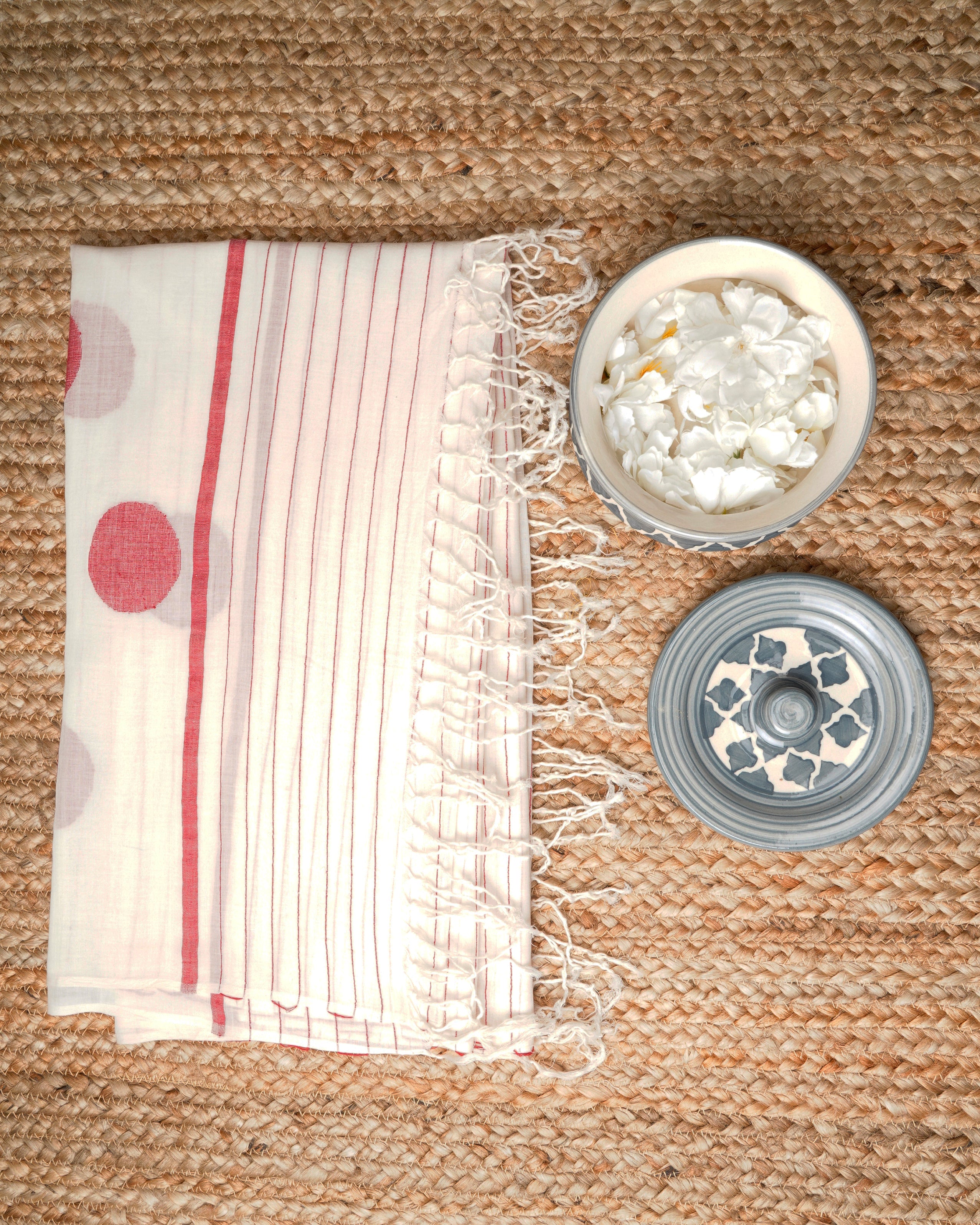 White-Red Polka Dot Pattern Handwoven Jamdani Cotton Dupatta with Tassels