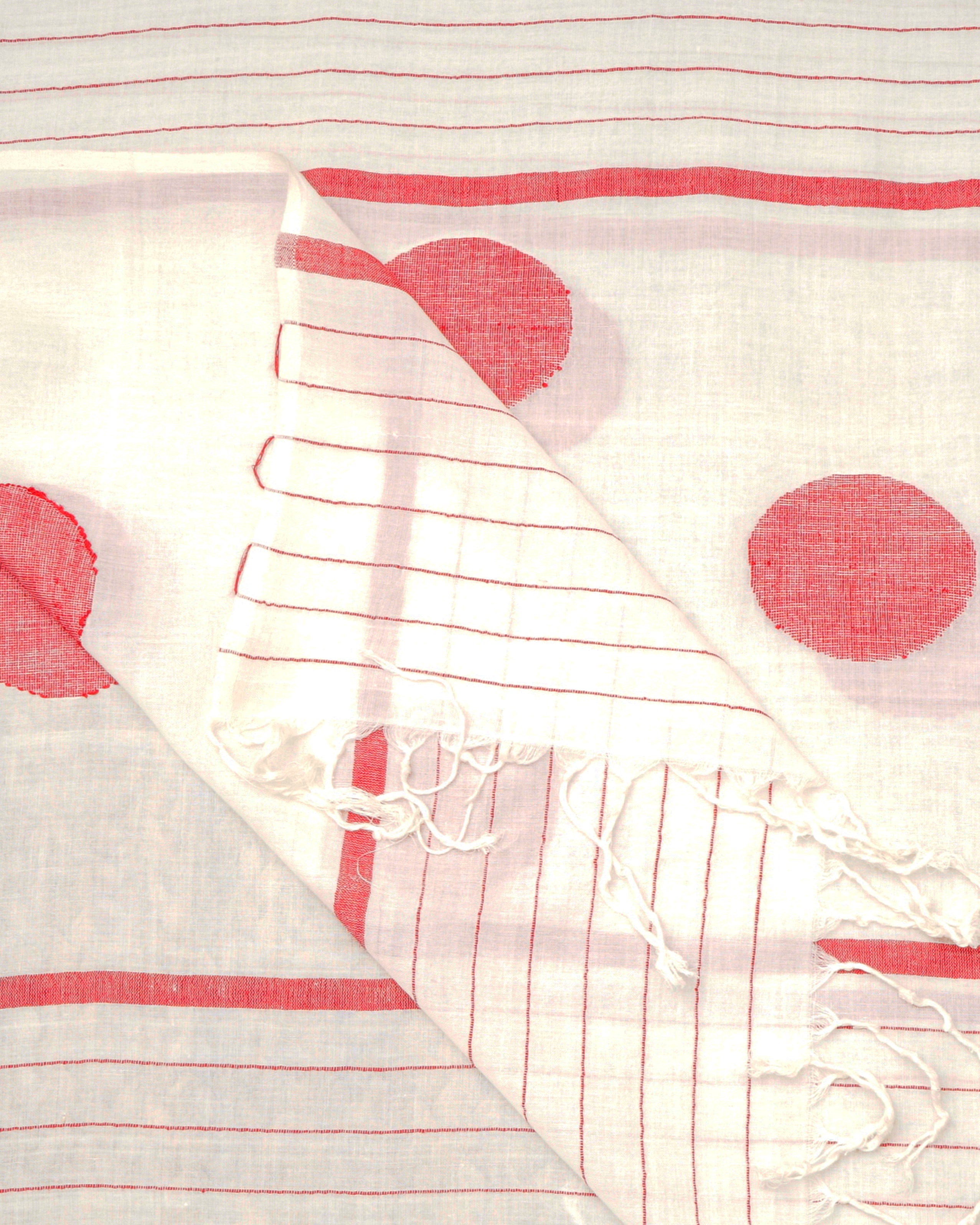 White-Red Polka Dot Pattern Handwoven Jamdani Cotton Dupatta with Tassels