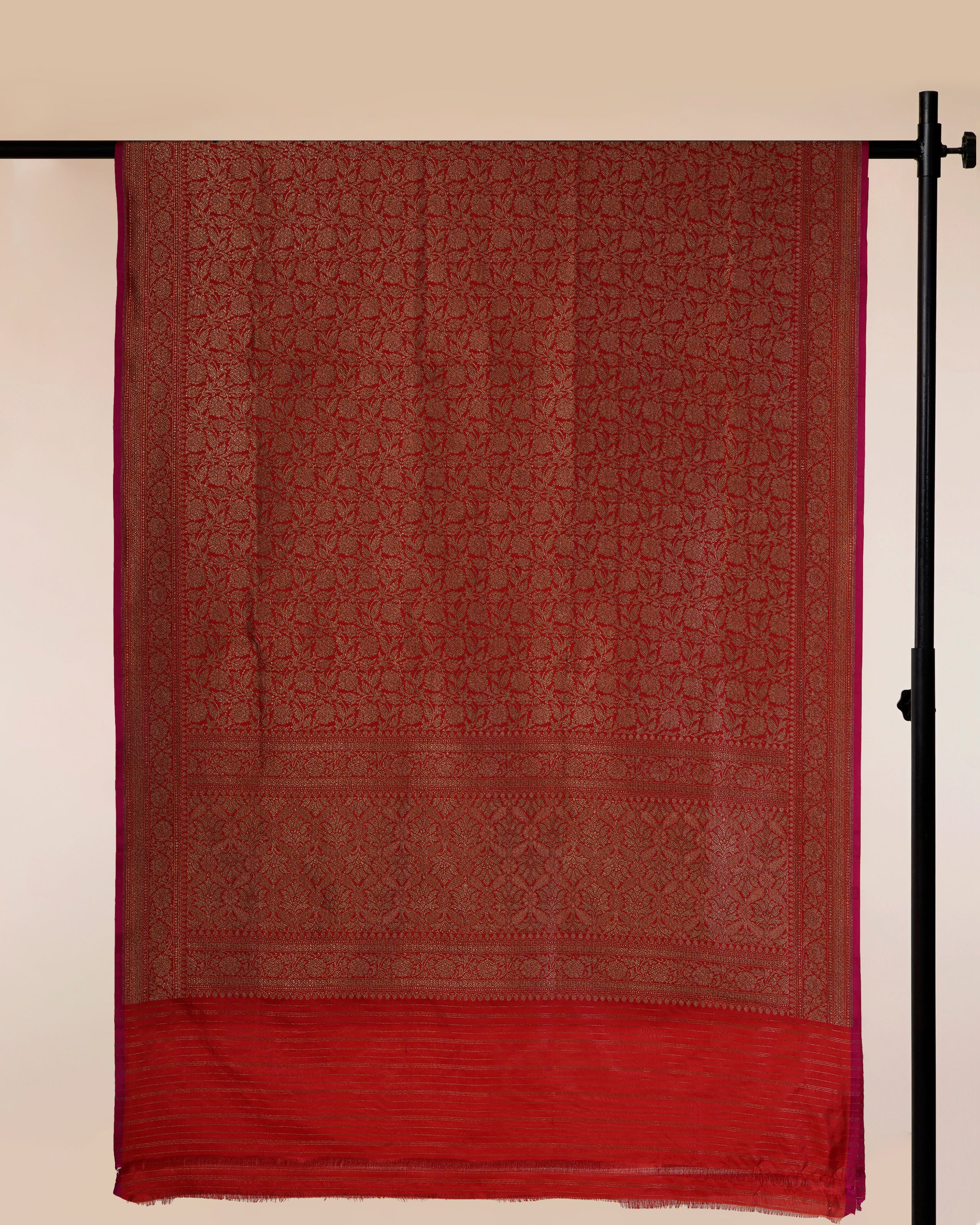 Red-Gold All Over Pattern Handwoven Banarasi Brocade Pure Silk Dupatta