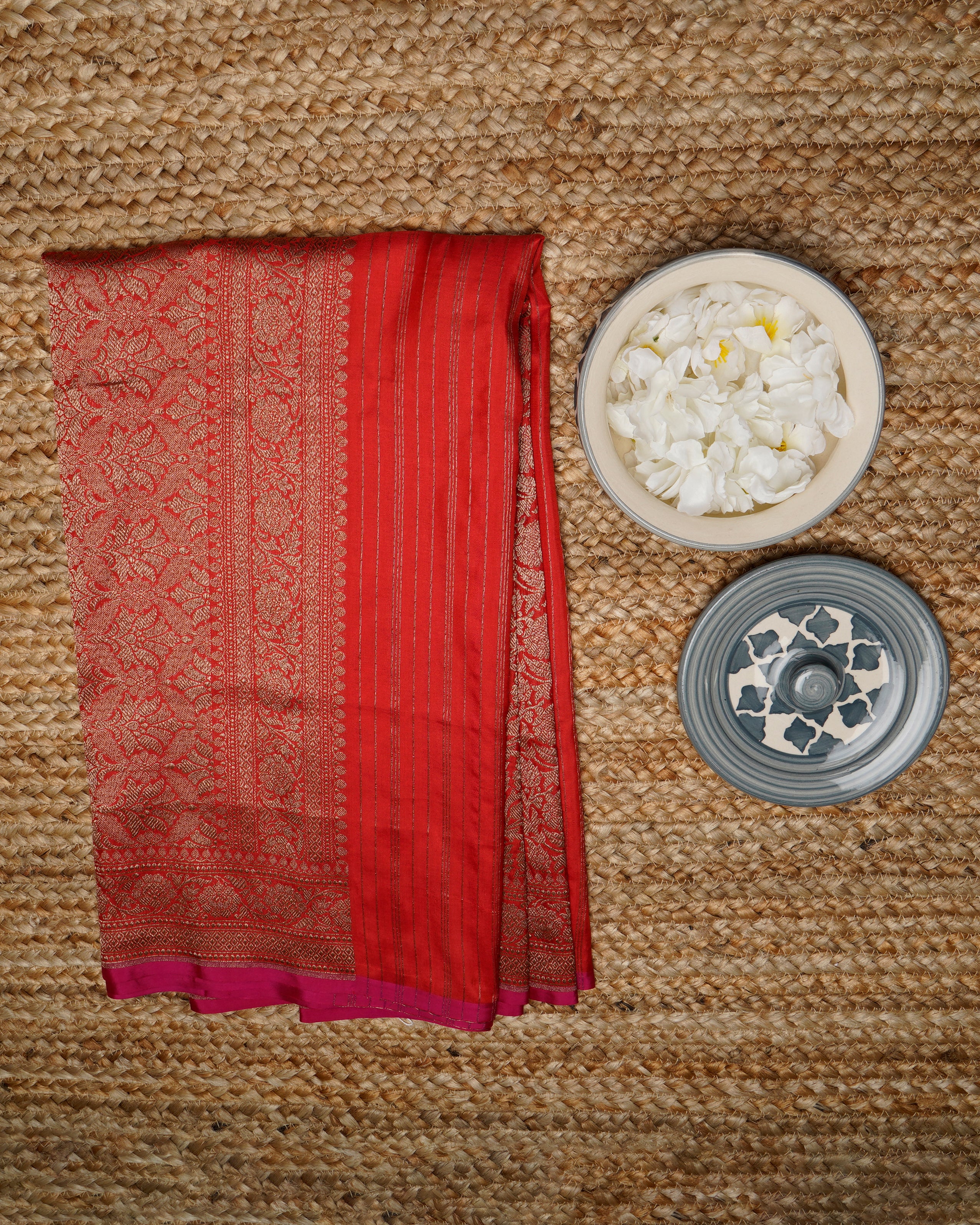 Red-Gold All Over Pattern Handwoven Banarasi Brocade Pure Silk Dupatta