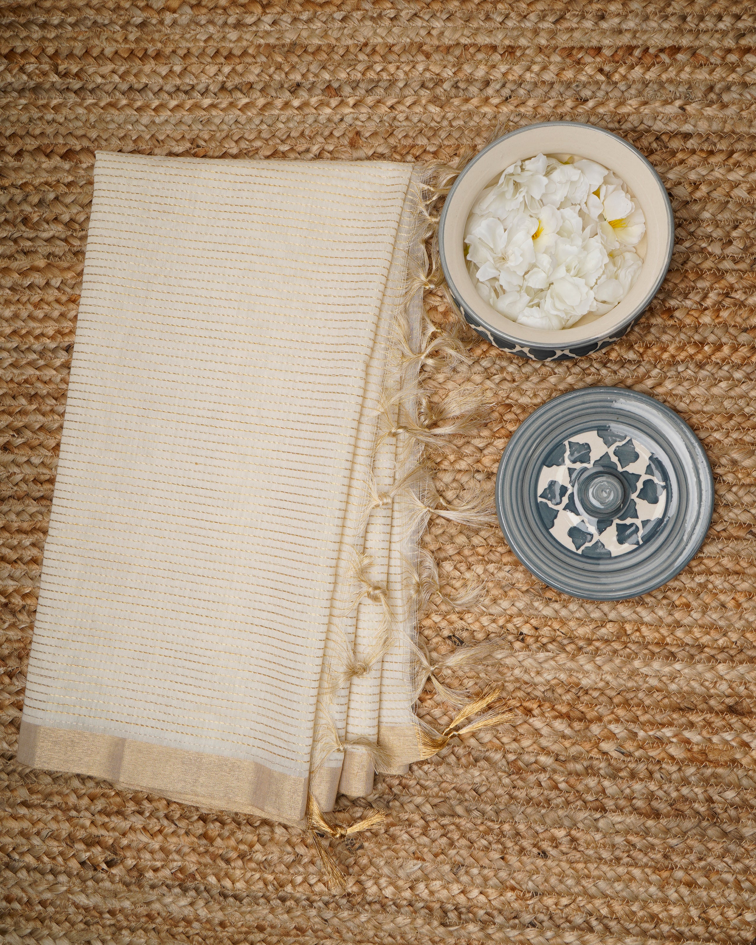Off White-Gold Stripe Pattern Handwoven Fancy Cotton Dupatta with Tassels
