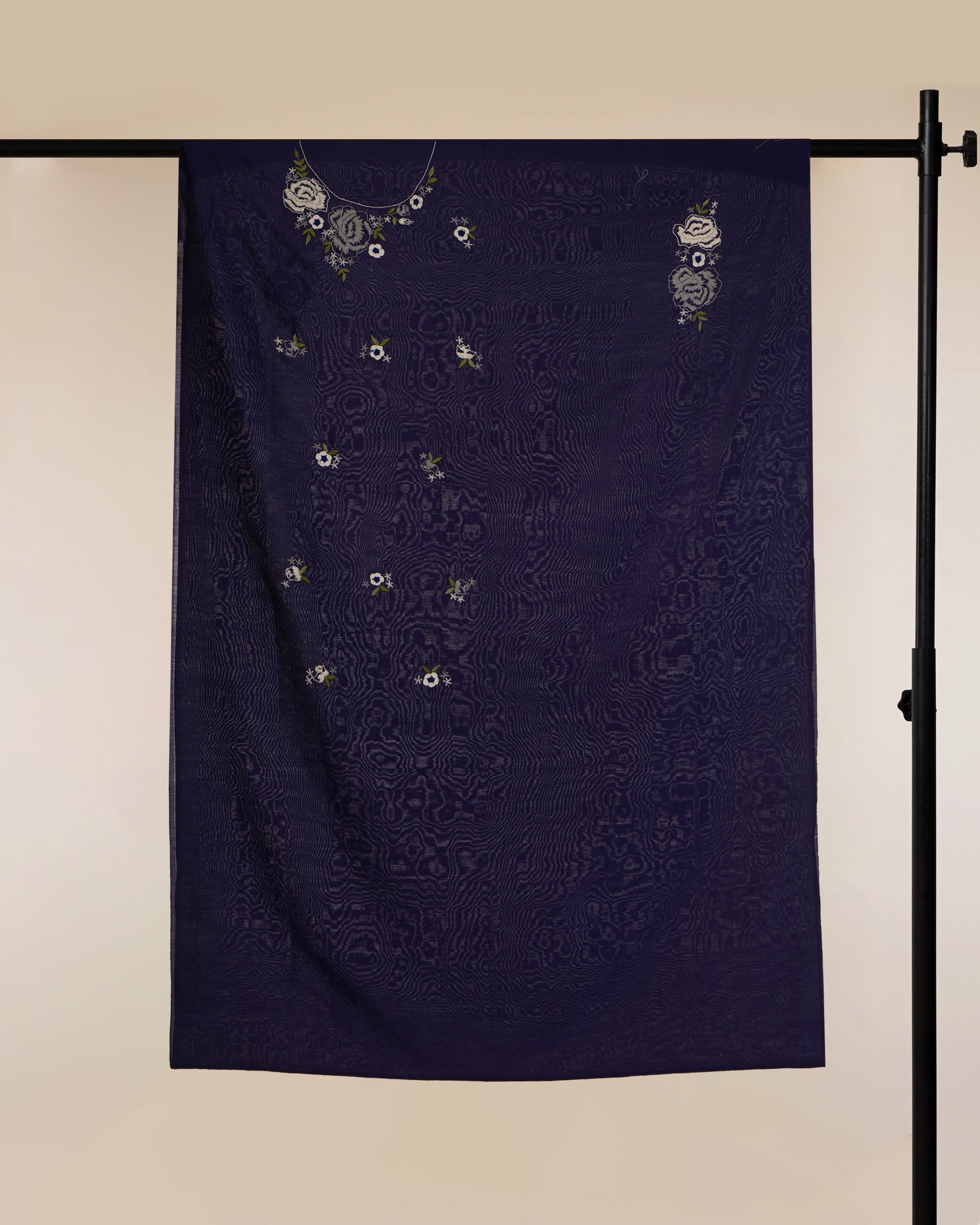 Purple-White Floral Pattern Thread Embroidered Chanderi Unstitched Suit Set (Top & Dupatta)