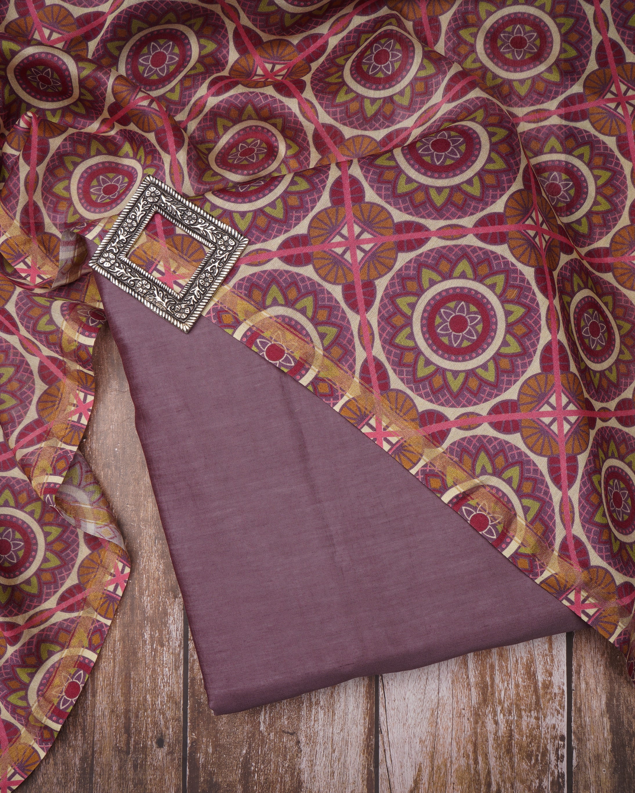 Multi Color Floral Pattern Thread Embroidered Chanderi Unstitched Suit Set (Top & Dupatta)