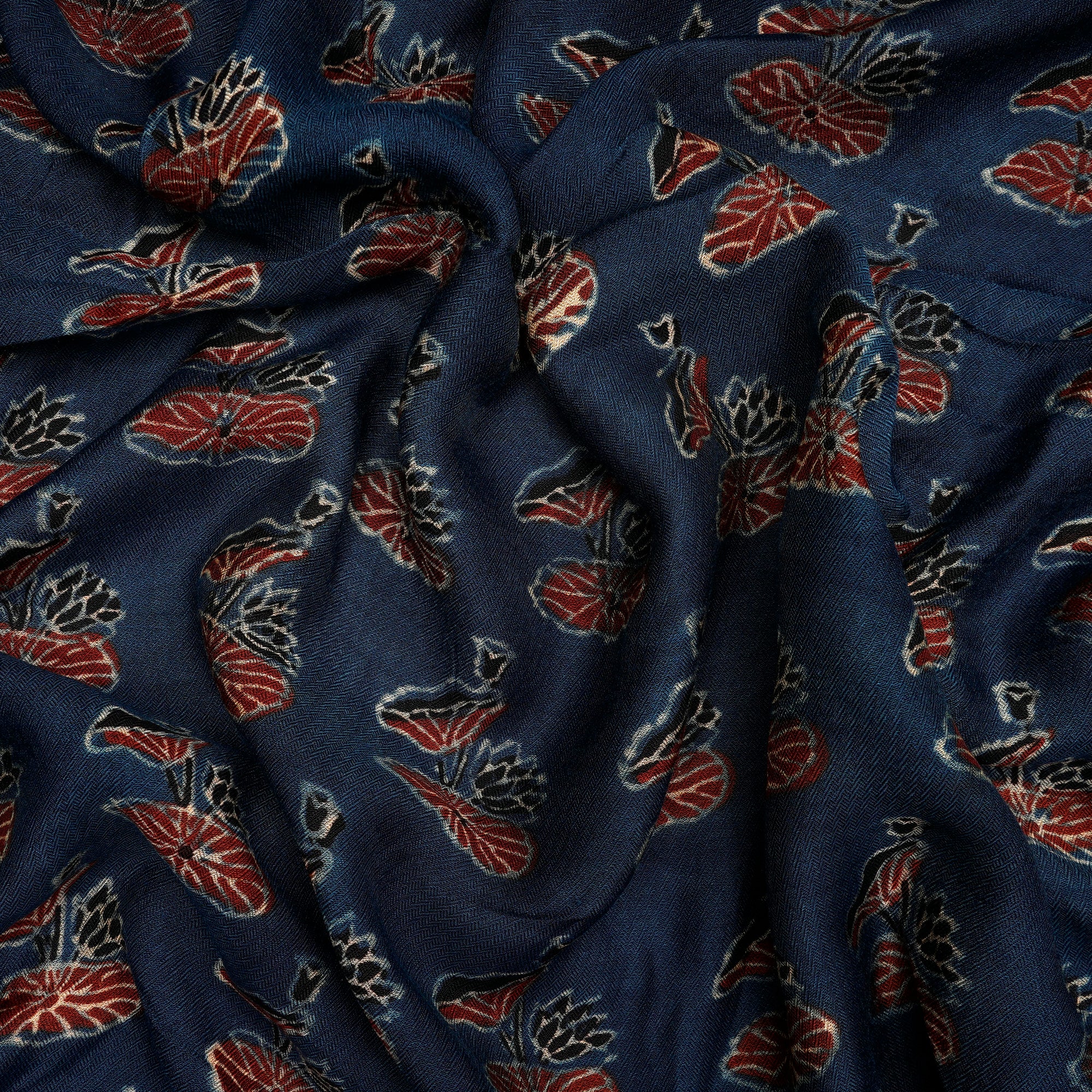 (Pre-Cut 1.00 Mtr) Navy Blue Floral Motif Handcrafted Ajrak Printed Modal Satin Dobby Fabric