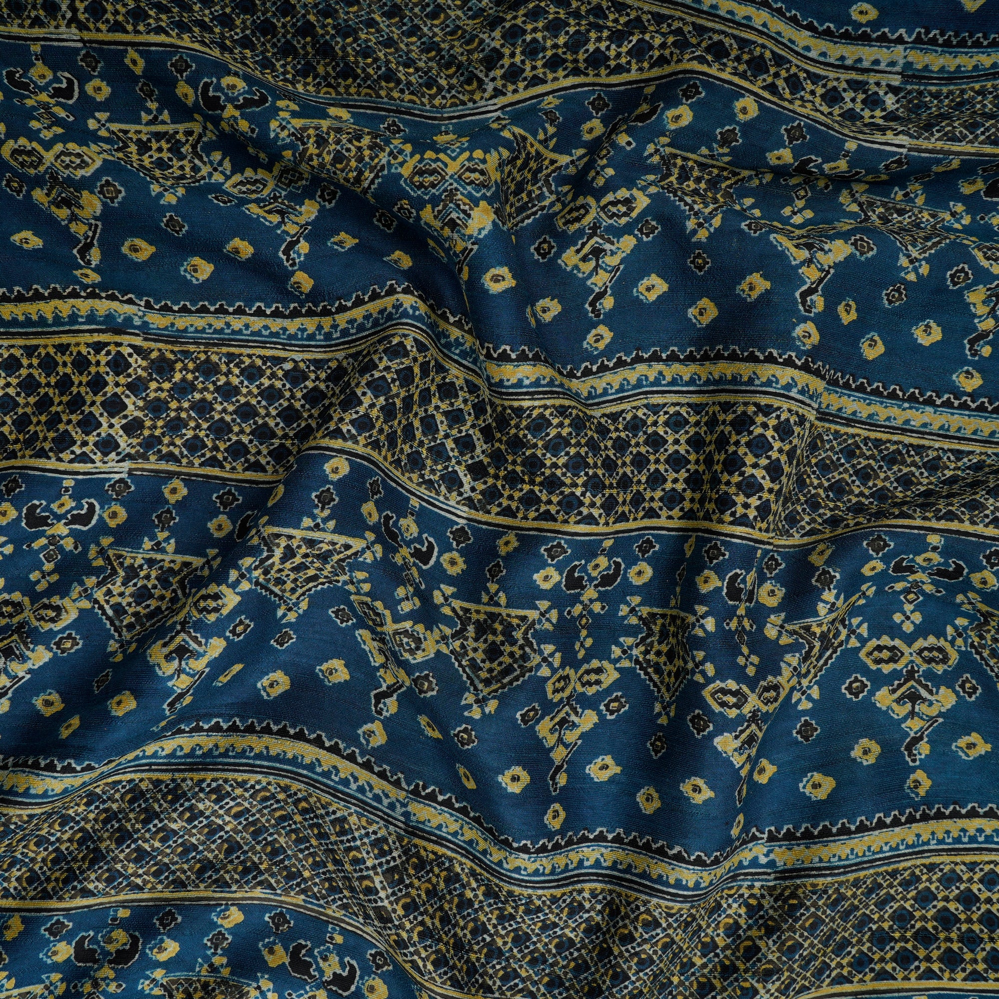 (Pre Cut 3 Mtr Piece) Blue-Green Color Handcrafted Ajrak Printed Modal Satin Dobby Fabric