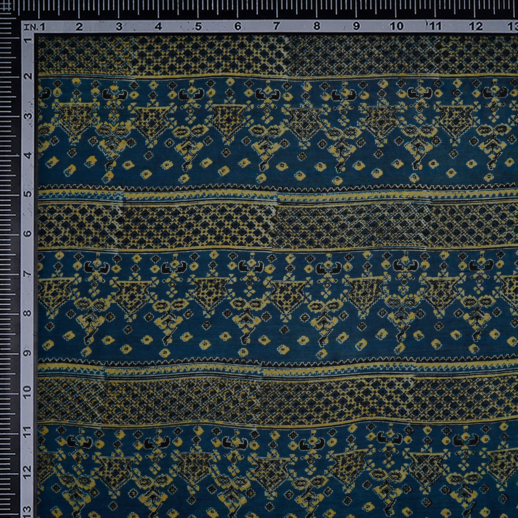 (Pre Cut 3 Mtr Piece) Blue-Green Color Handcrafted Ajrak Printed Modal Satin Dobby Fabric