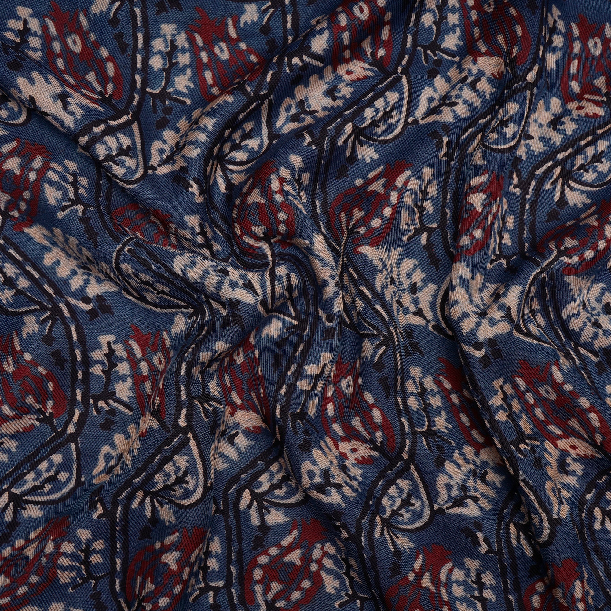 (Pre Cut 2 Mtr Piece) Blue-Black Color Handcrafted Ajrak Printed Modal Satin Dobby Fabric