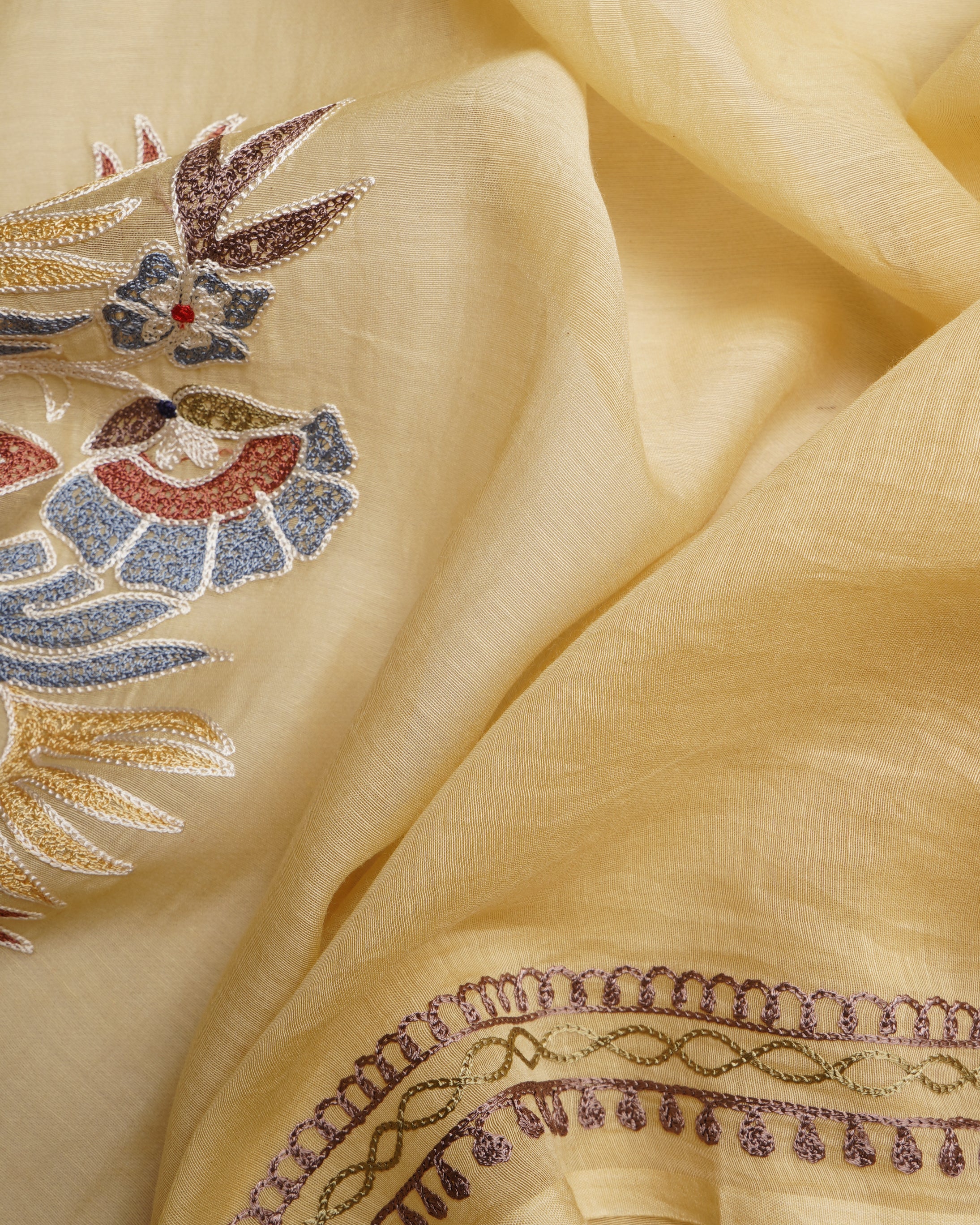 Royal Yellow Color Premium Handcrafted Aari Embroidered Chanderi Unstitched Suit Set (3 Pc Set with Lining)