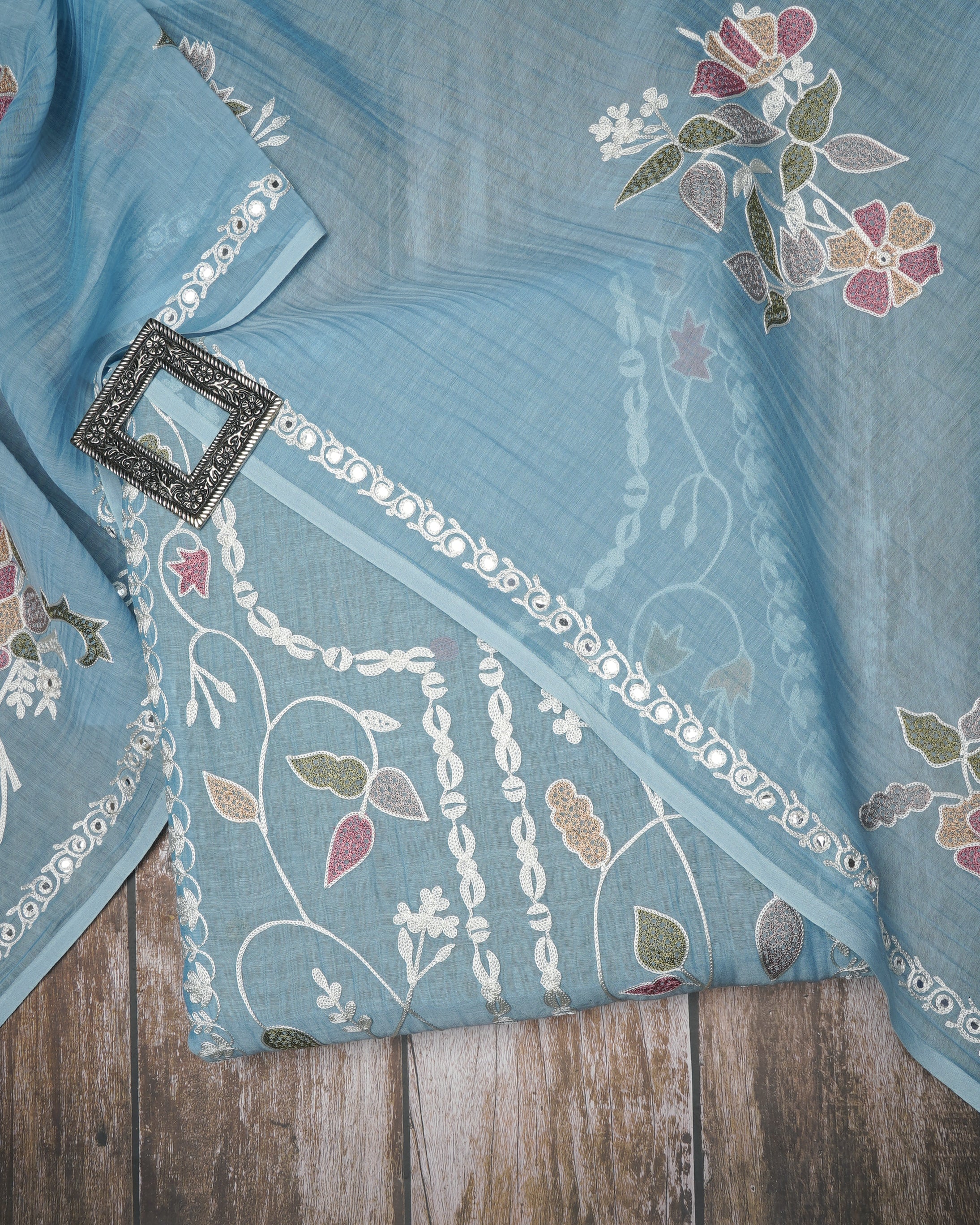 Sky Blue Premium Handcrafted Aari Embroidered Chanderi Unstitched Suit Set (3 Pc Set with Lining)
