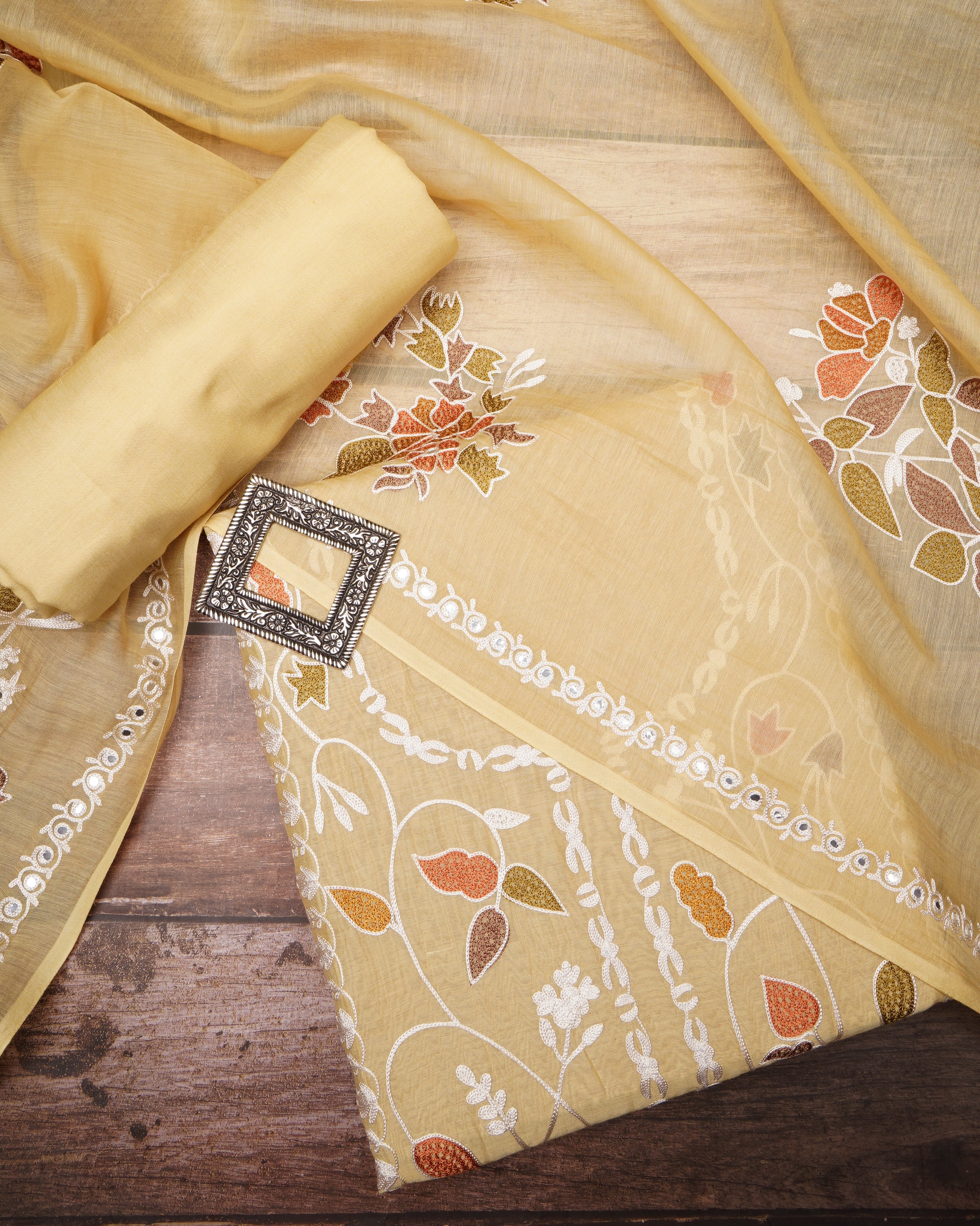 Yellow Premium Handcrafted Aari Embroidered Chanderi Unstitched Suit Set (3 Pc Set with Lining)