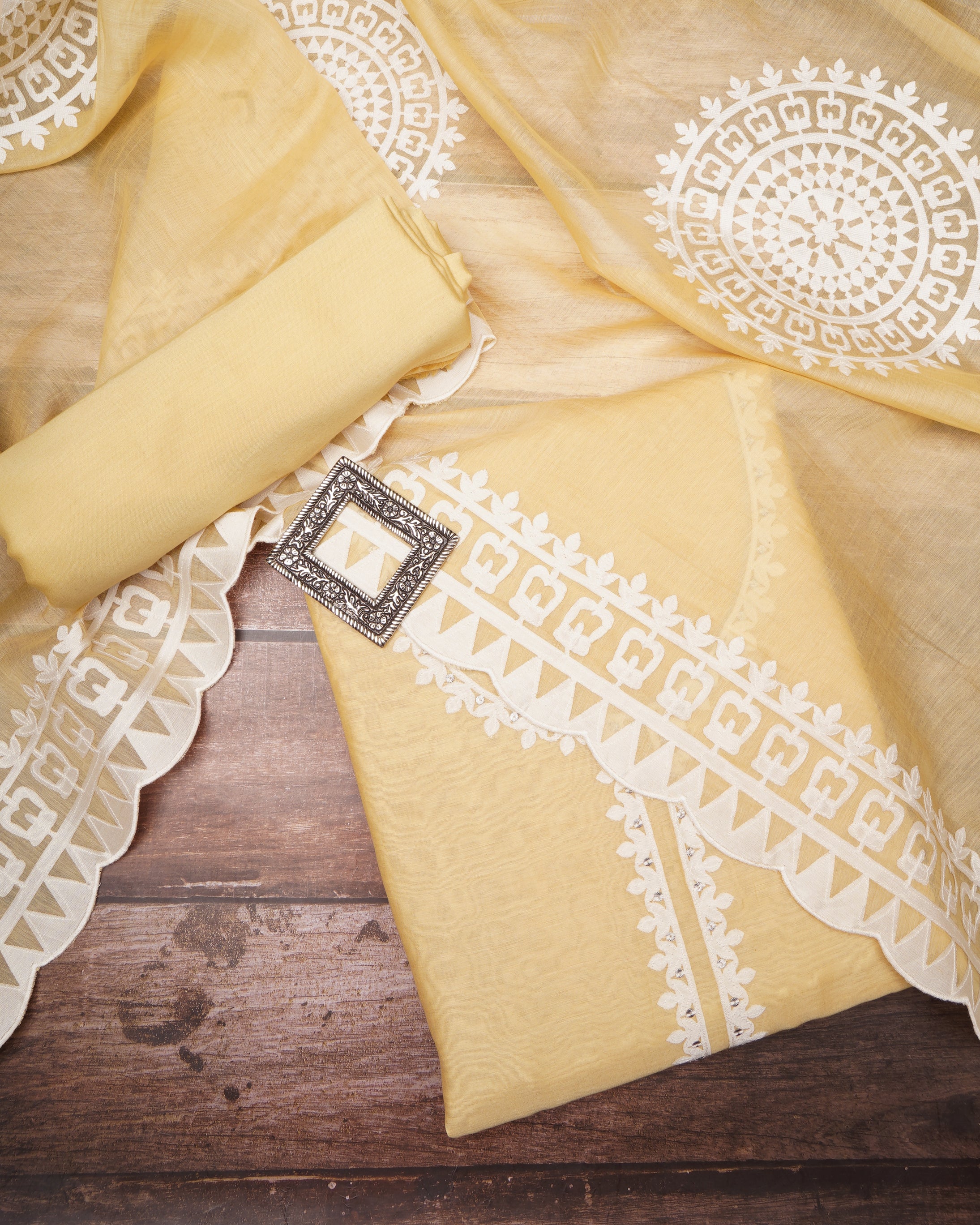 Light Yellow Color Premium Handcrafted Applique Work Embroidered Chanderi Unstitched Suit Set (3 Pc Set with Lining)