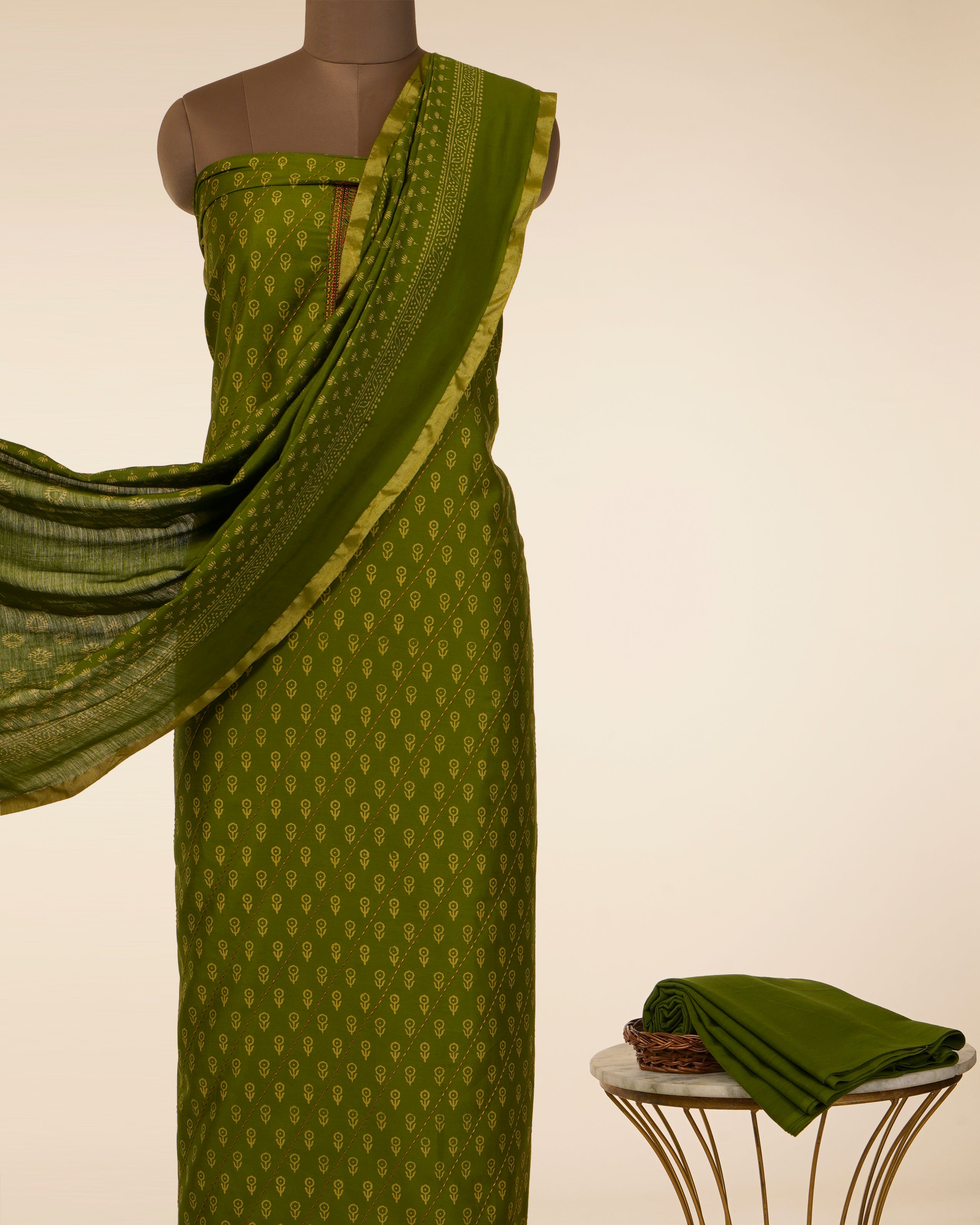 Green Embroidered & Printed Pure Cotton Unstitched Suit Set