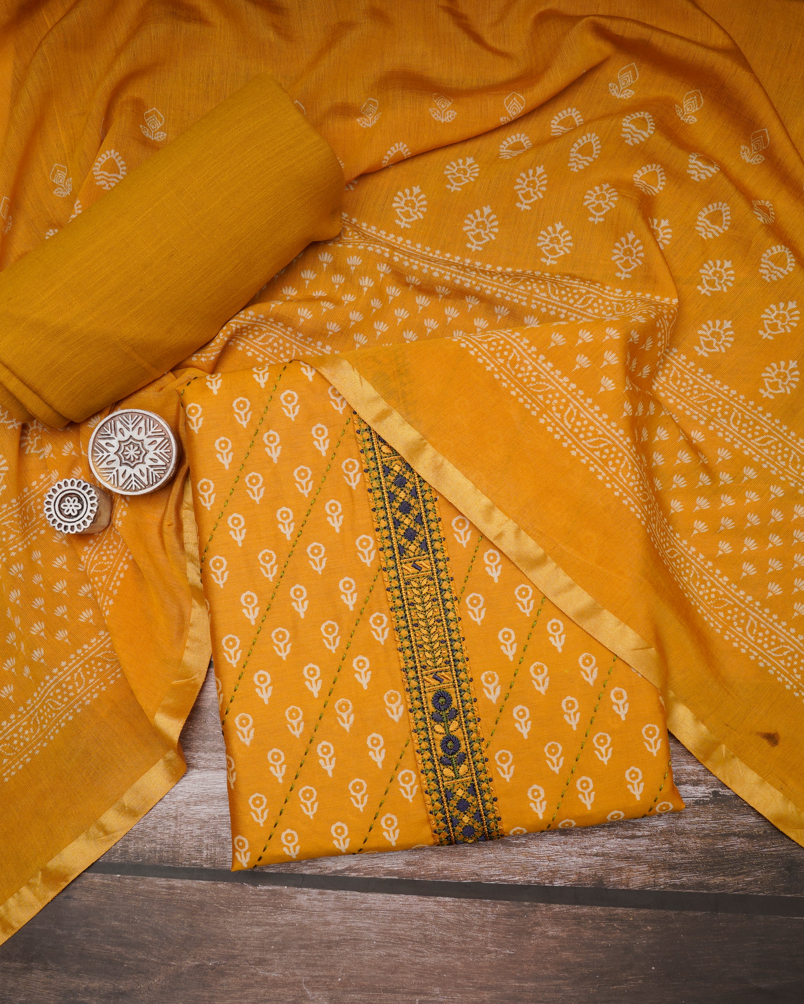 Dark Mustard Embroidered & Printed Pure Cotton Unstitched Suit Set