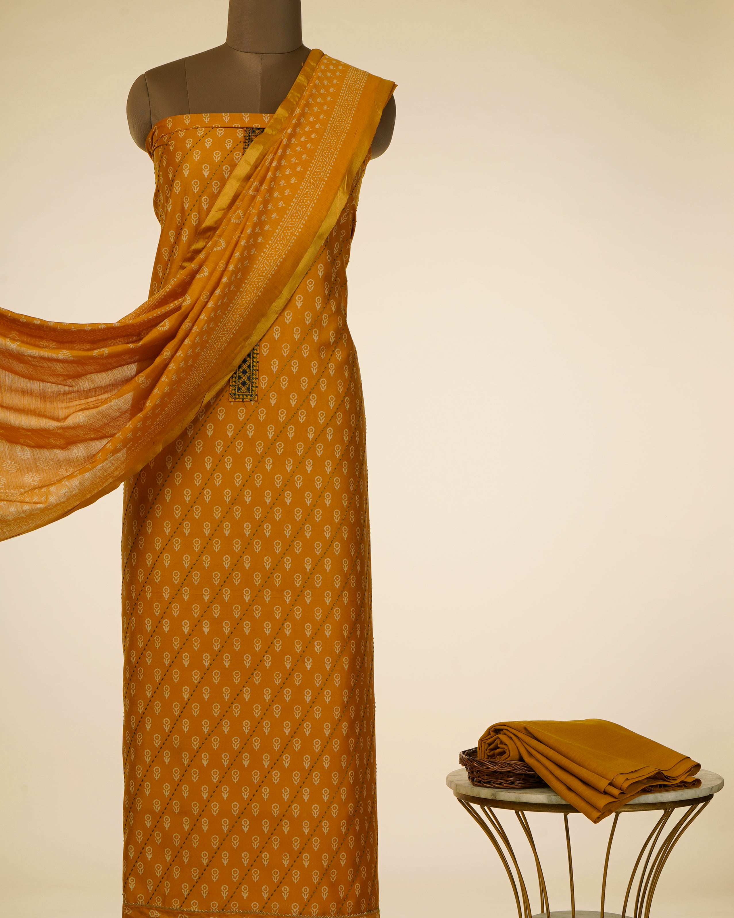 Dark Mustard Embroidered & Printed Pure Cotton Unstitched Suit Set