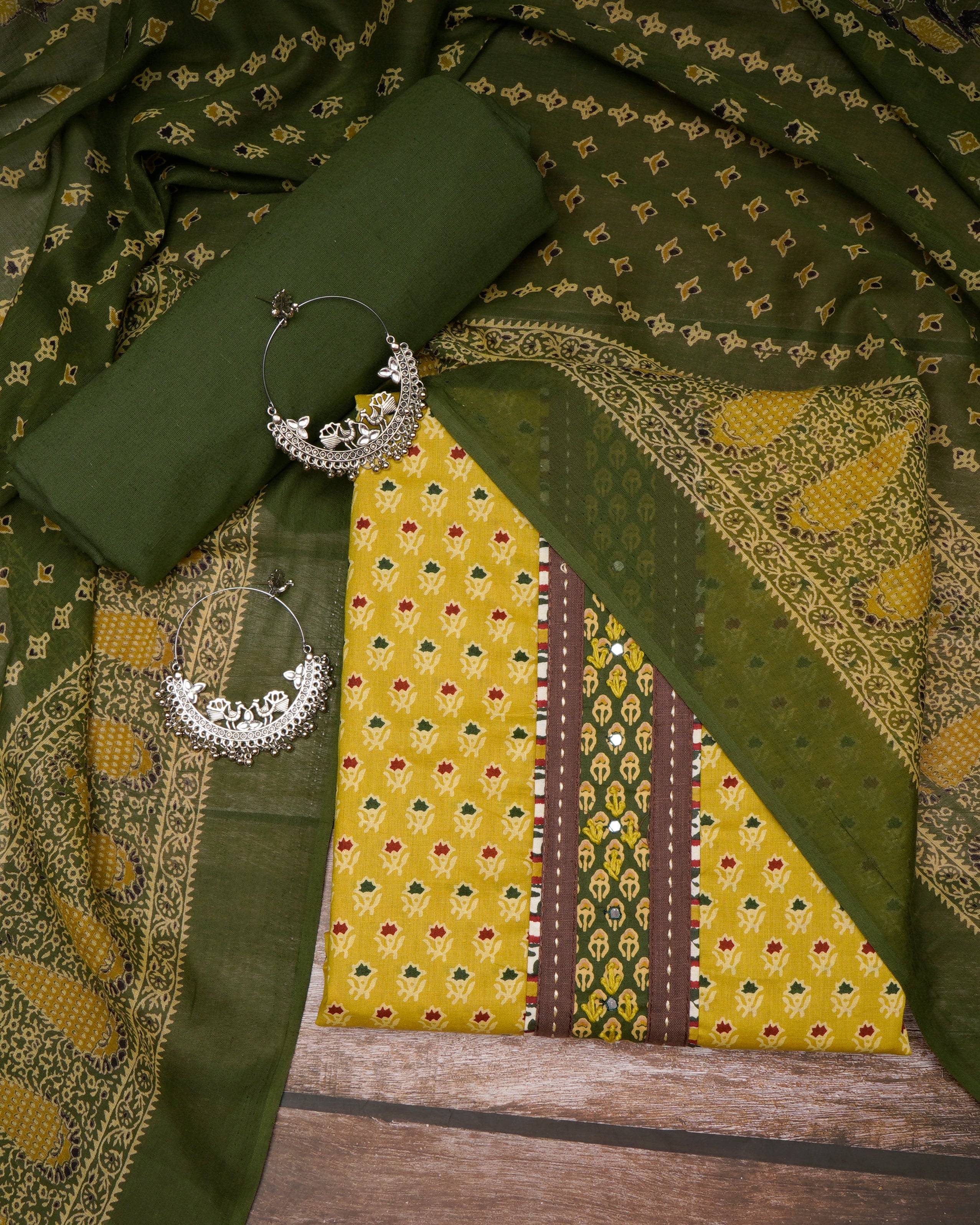 Mustard - Green Embroidered & Printed Pure Cotton Unstitched Suit Set