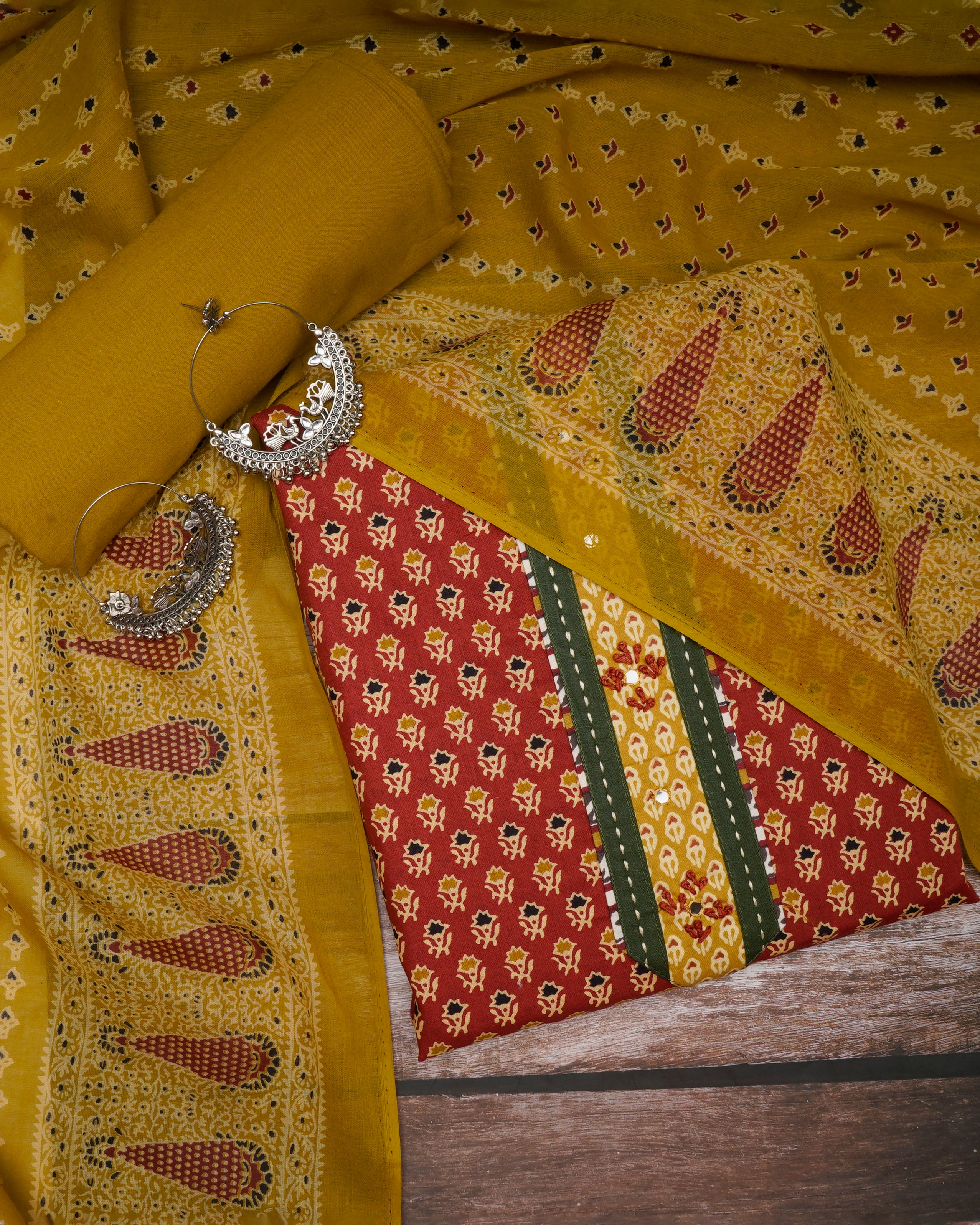 Maroon - Mustard Embroidered & Printed Pure Cotton Unstitched Suit Set