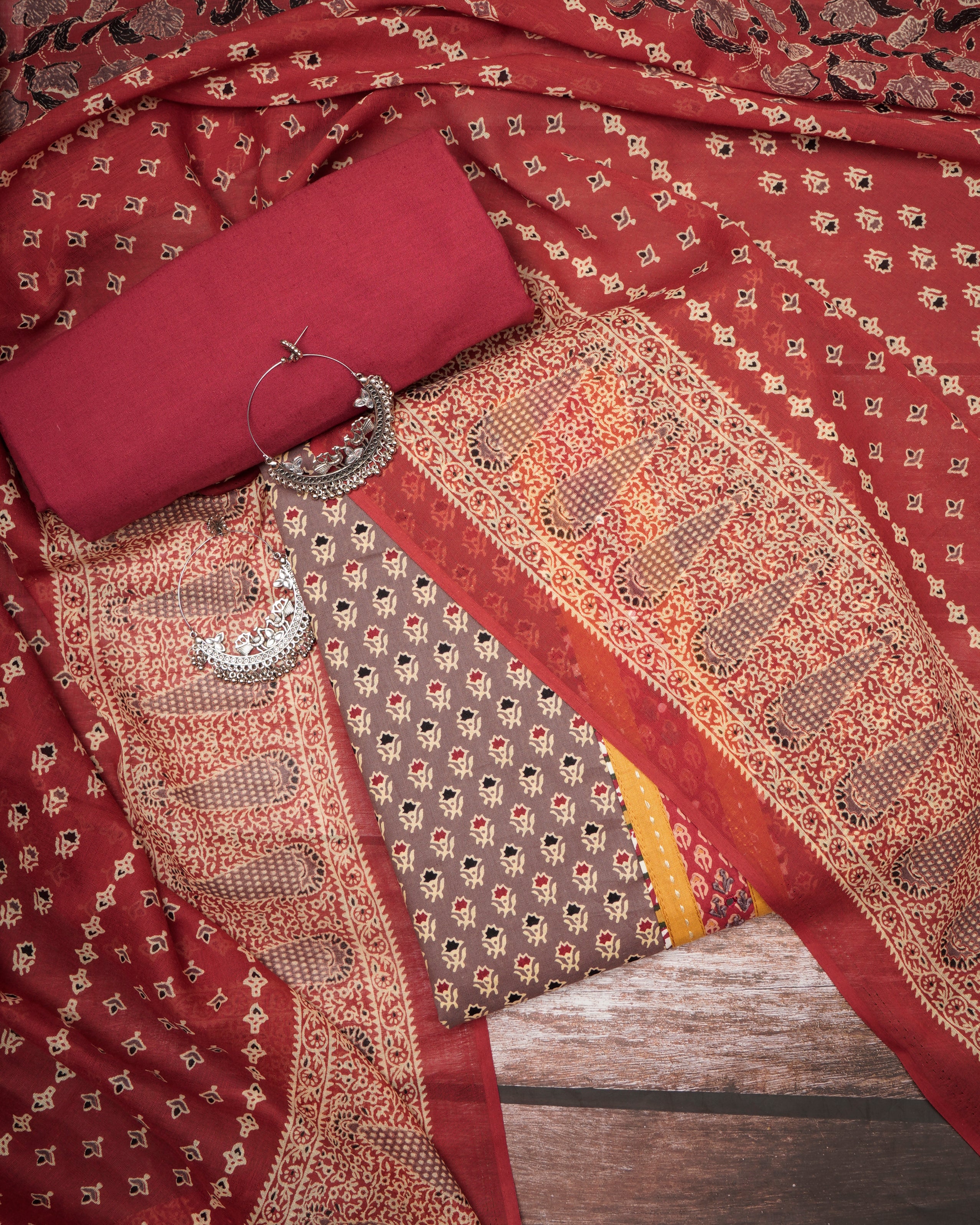 Light Mauve - Dark Maroon Embroidered & Printed Pure Cotton Unstitched Suit Set